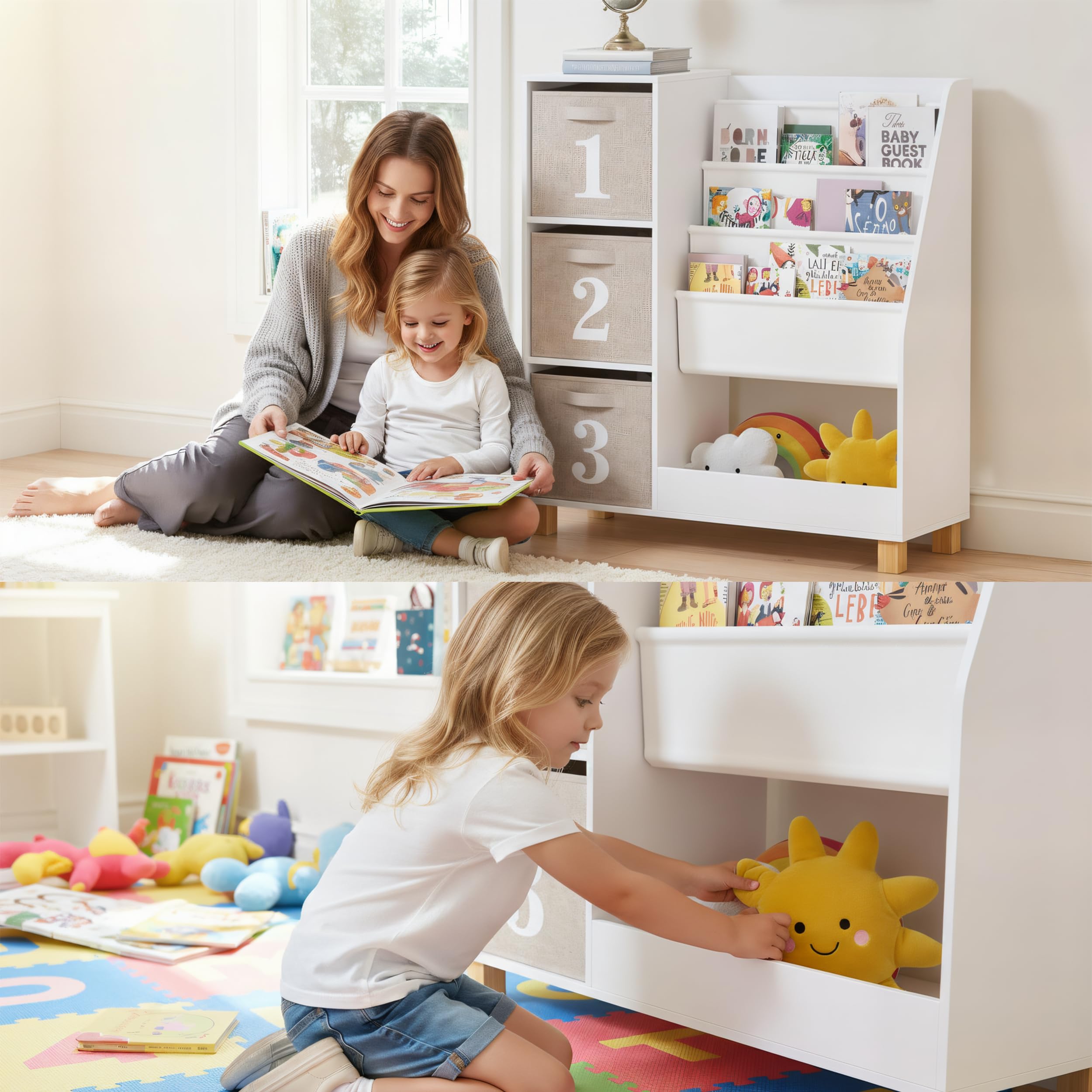 Kids Bookshelf with Storage Bins - 3-Tier Montessori Book Display