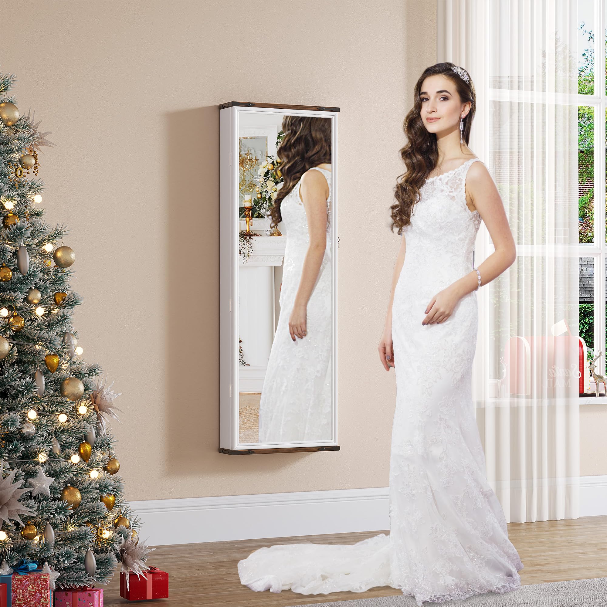 Over the Door Jewelry Organizer Mirror with LED Lights and Lock