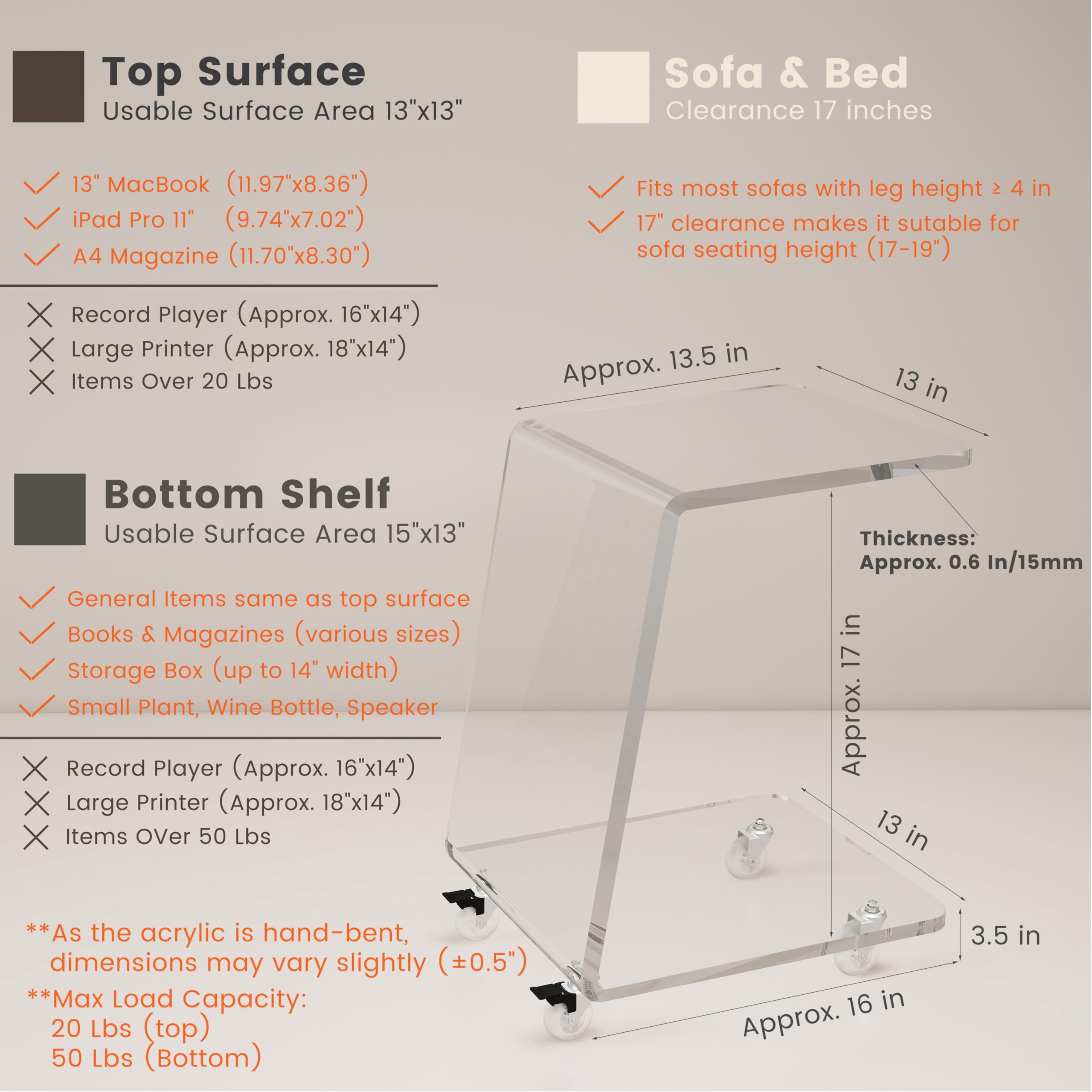 Acrylic C-Shaped Side Table with Wheels