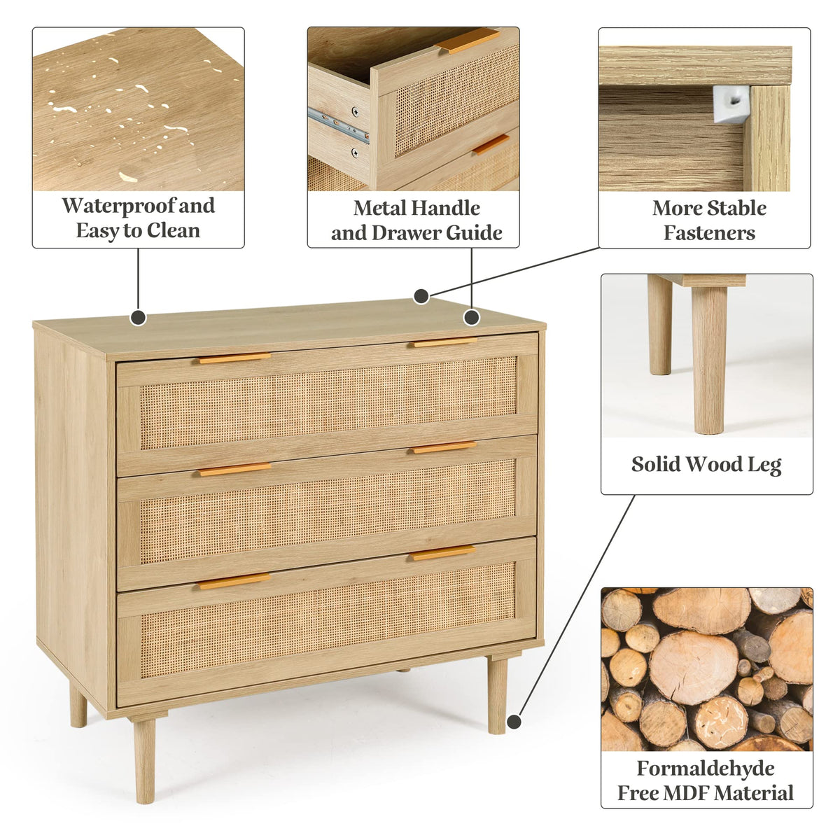 3 Drawer Rattan Dresser with Wood Oak Storage