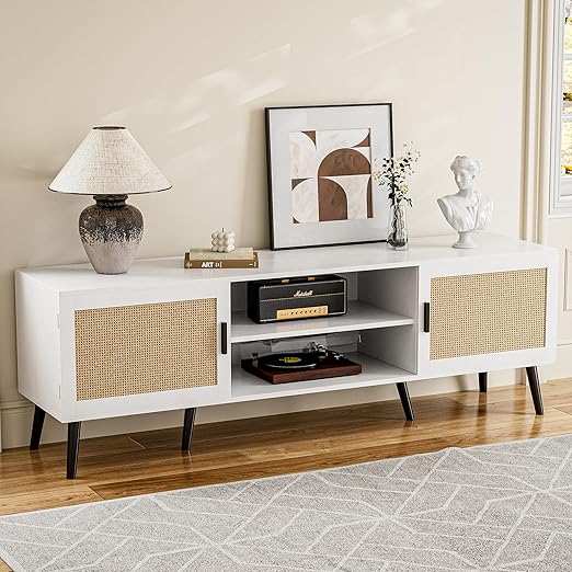 65 Inch TV Stand with Rattan Doors and Storage Cabinets