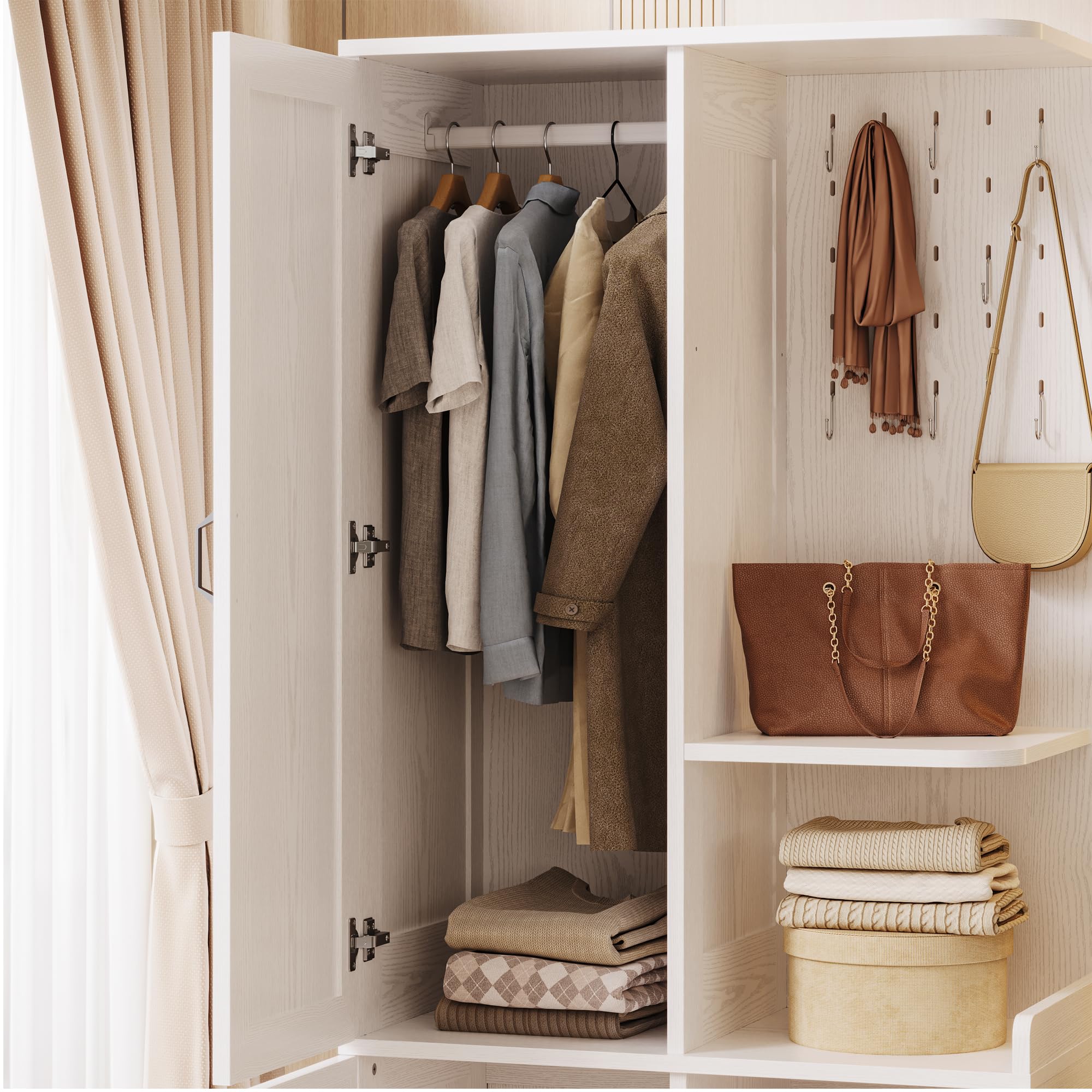 70" Wooden Armoire Wardrobe Closet with Mirror and Pegboard