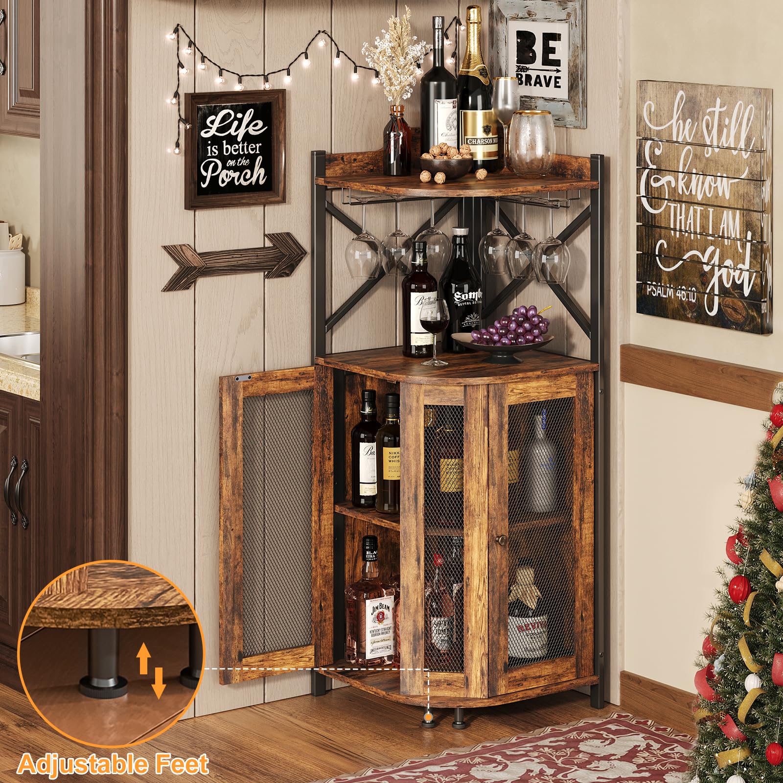 Corner Wine Bar Cabinet with LED Lights