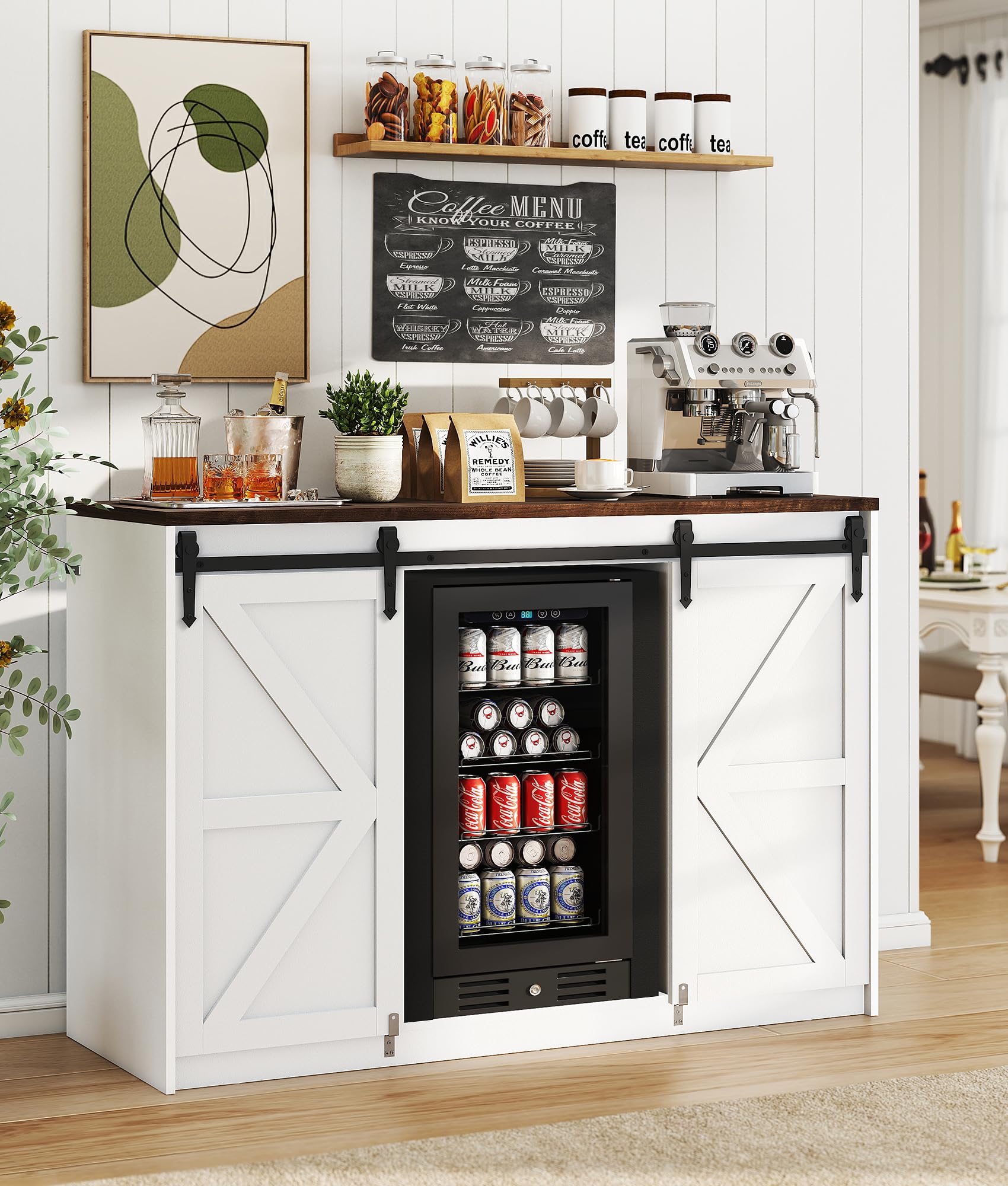 Farmhouse Coffee Bar Cabinet with Fridge Space
