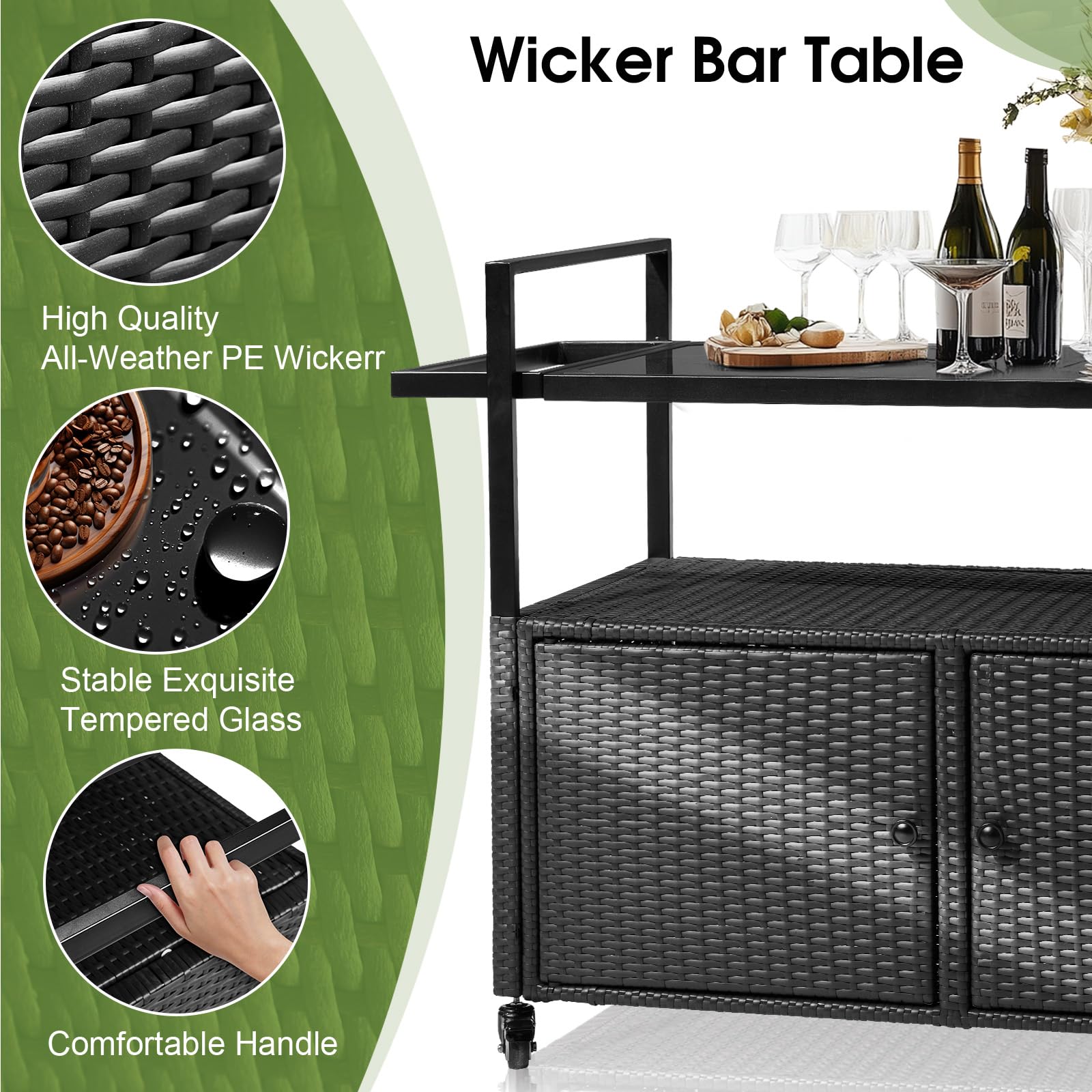 Outdoor Wicker Bar Cart with Storage and Wheels