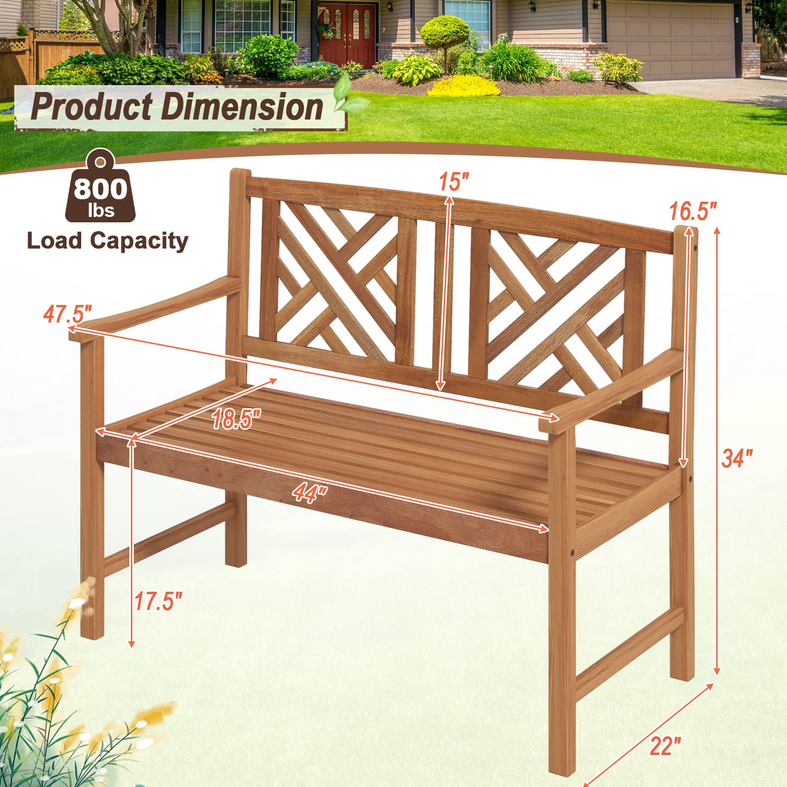 Acacia Wood Garden Bench 2-Person Loveseat with Armrests