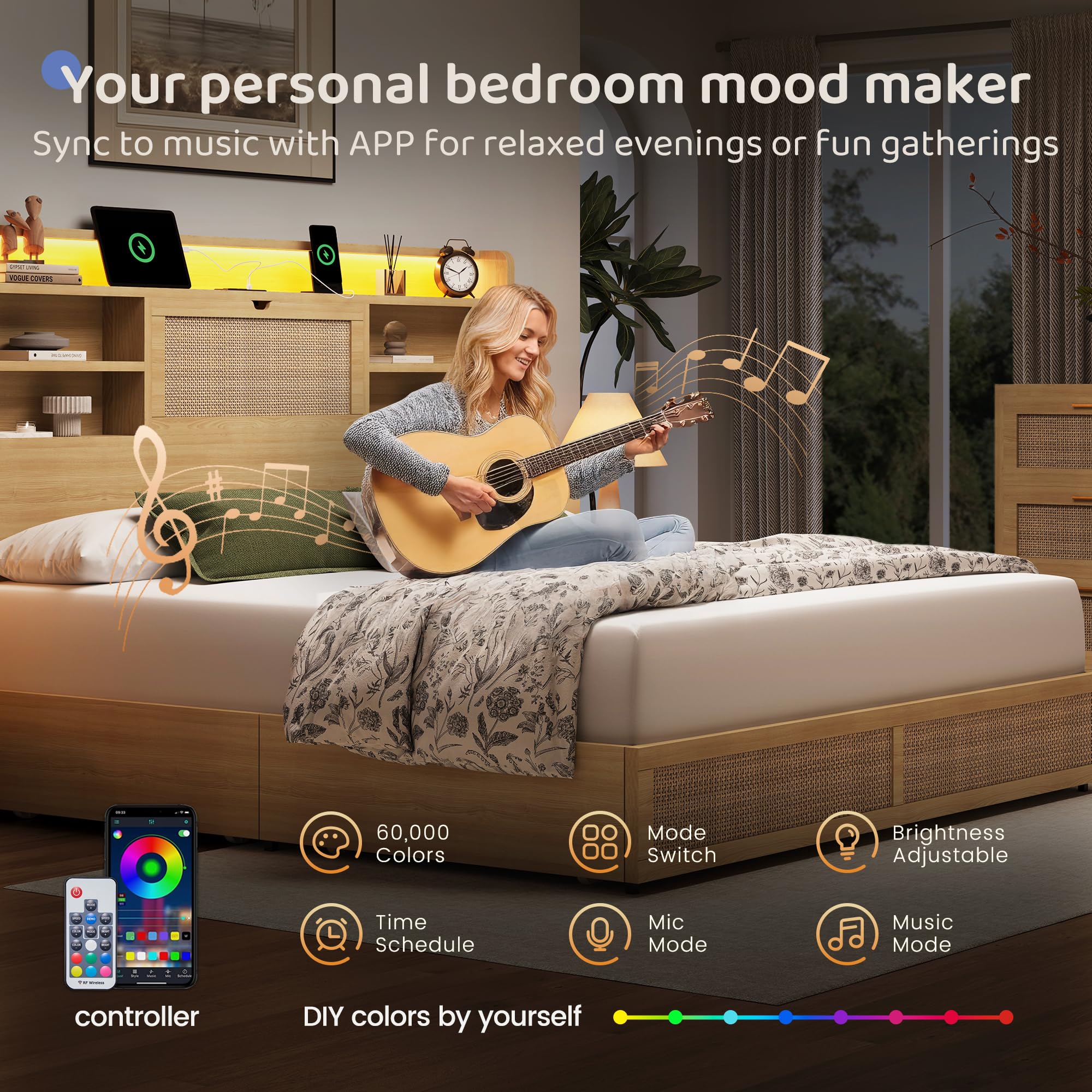 King Size Rattan Bed Frame with Storage Drawers and LED Lights