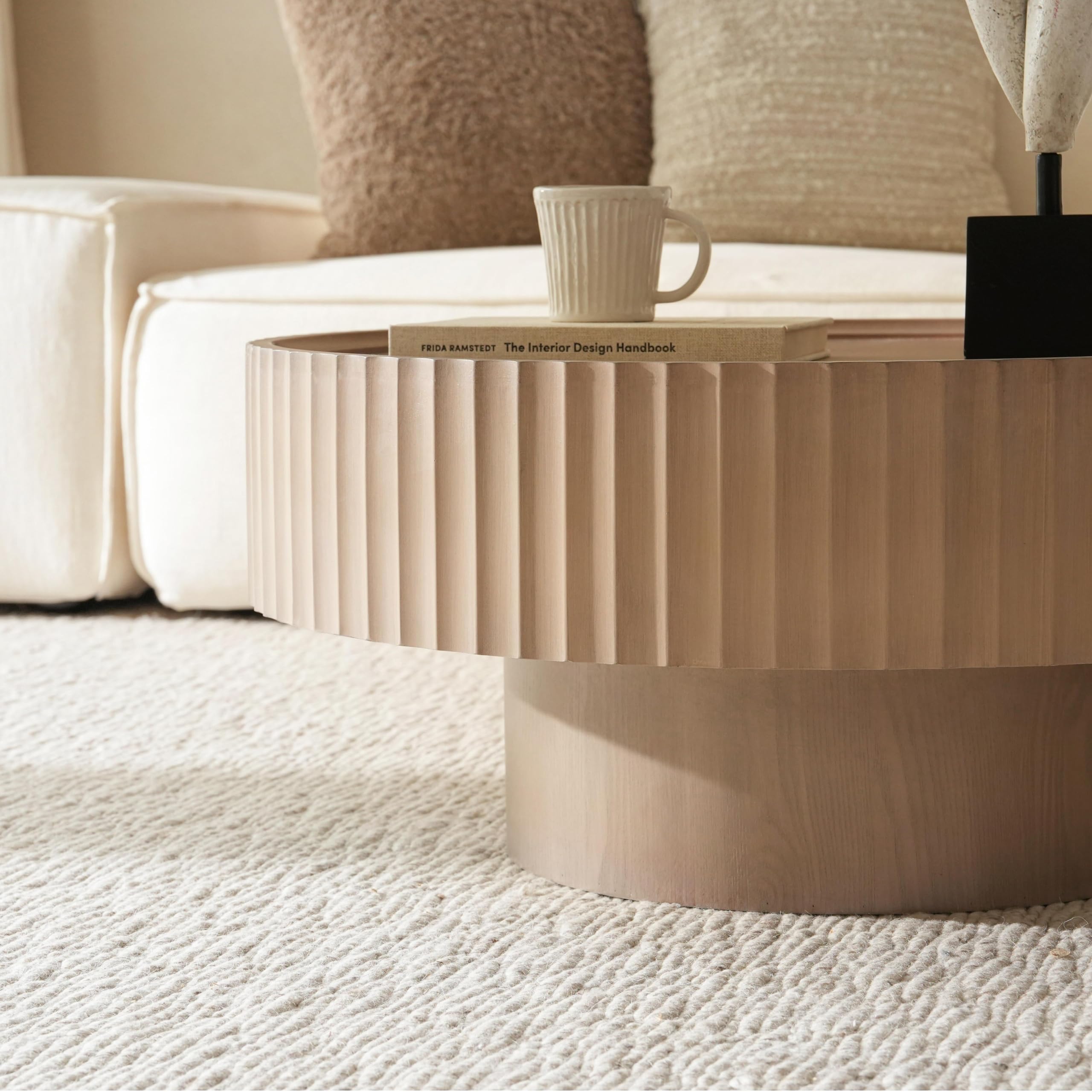 FAME HOME Round Coffee Table, 30.3” Fluted Drum Modern Living Room Table, Circle Wood Gray Center Tables with Storage, Accent Mushroom Shape Coffee Tables for Living Room, Apartment(30.3''L×13.7''H)