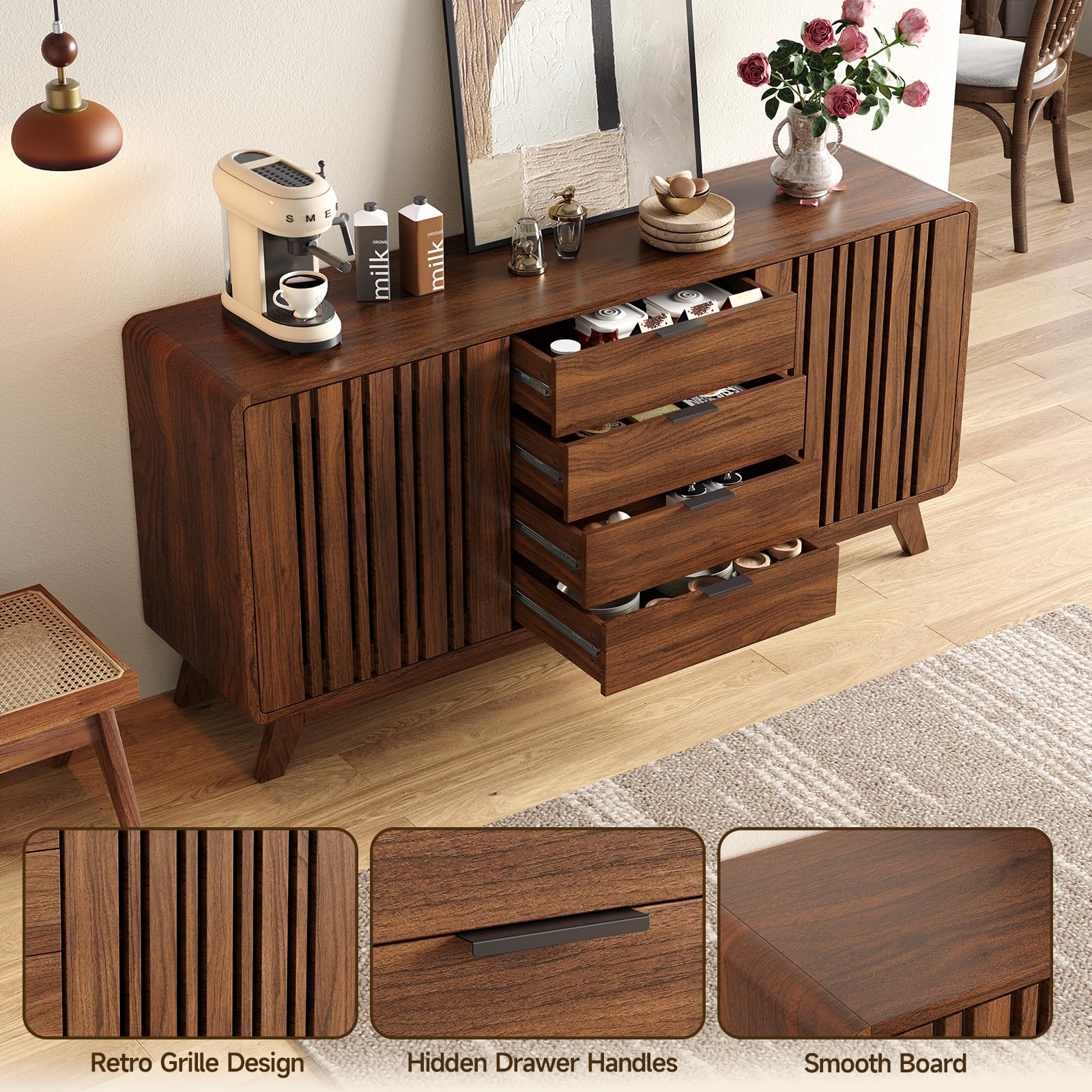 Mid Century Sideboard Buffet Cabinet with Sliding Doors
