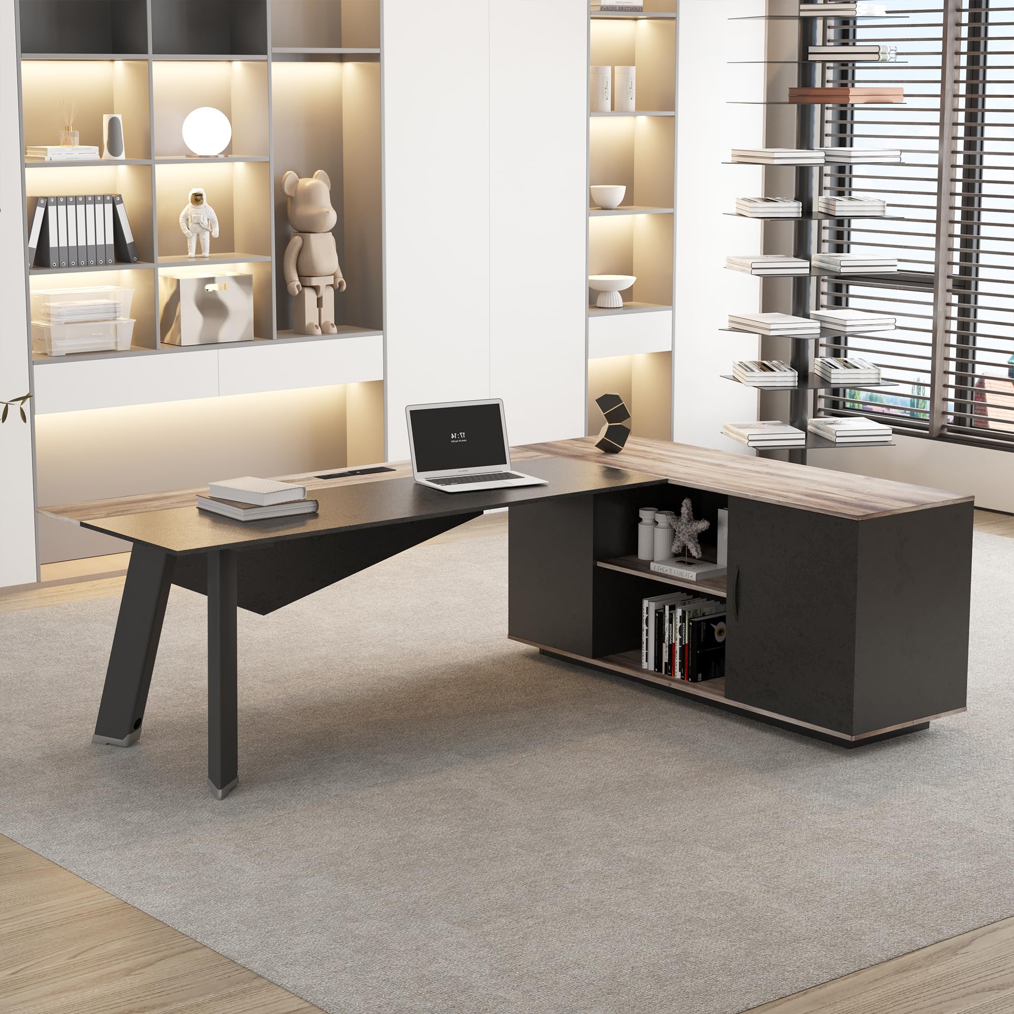 63-Inch L-Shaped Executive Desk with File Cabinet and Storage
