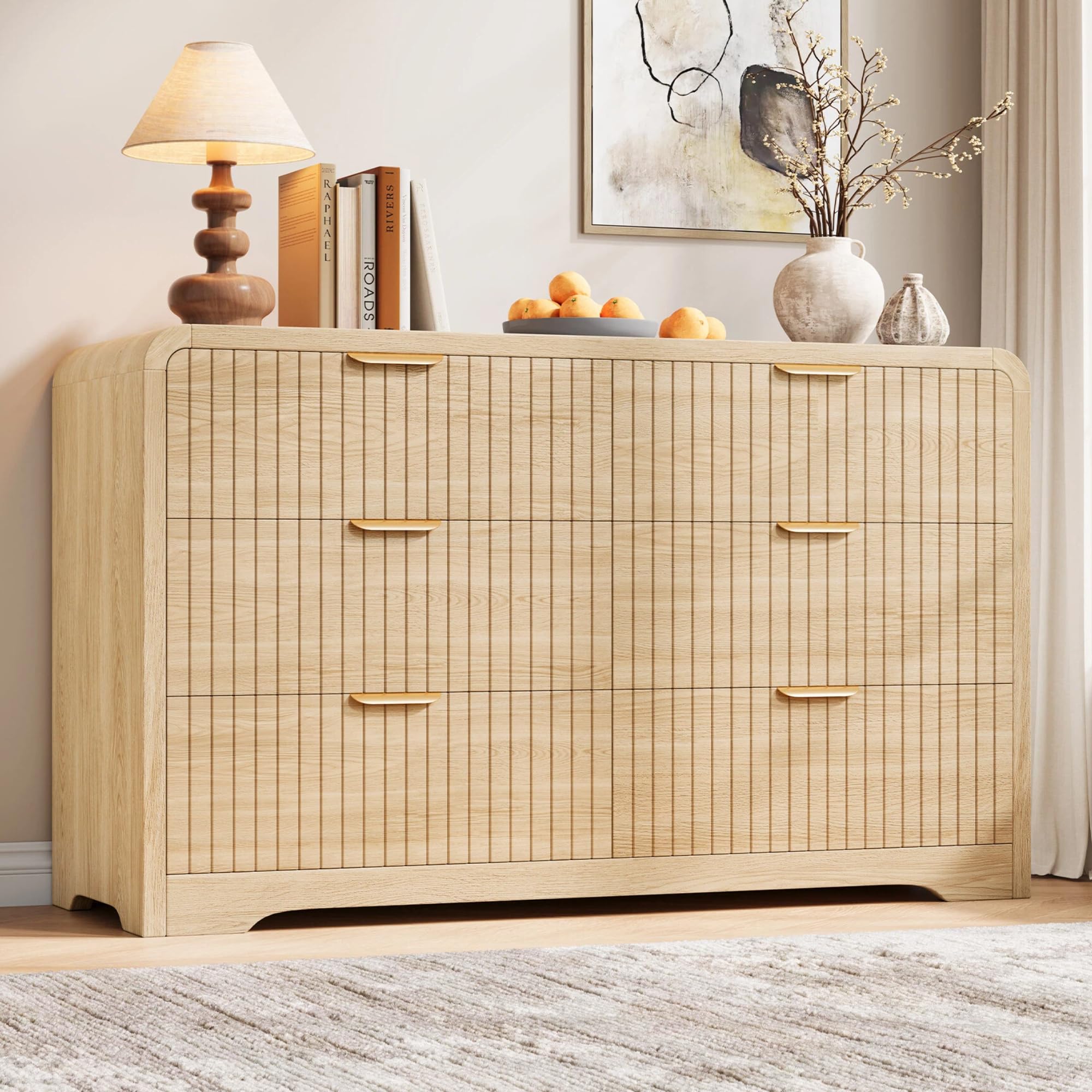 Modern 6 Drawer Dresser with Curved Fluted Design