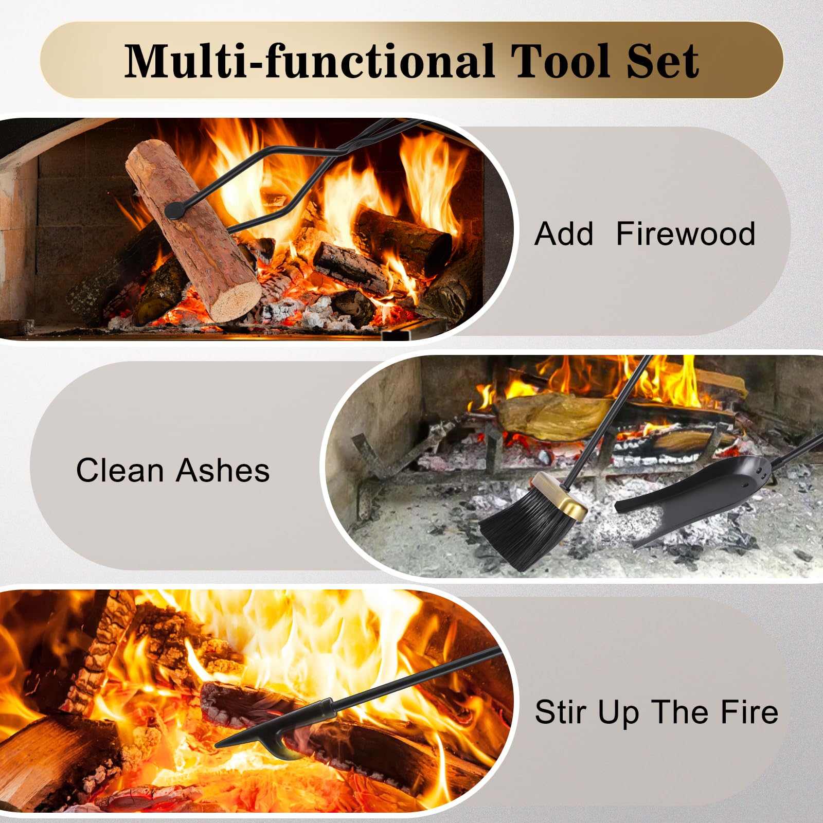 5-Piece Fireplace Tool Set with Brass Handles