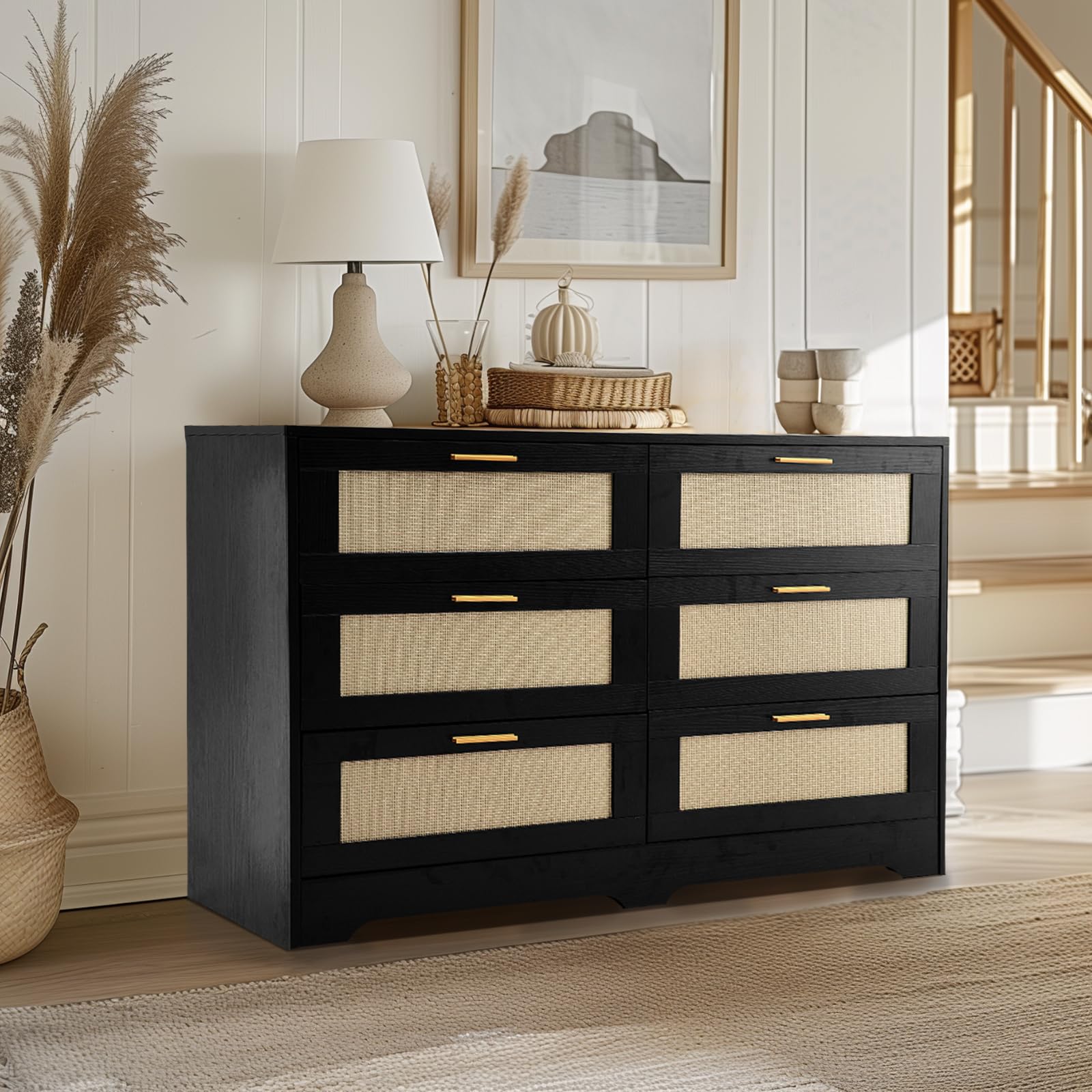 6 Drawer Rattan Dresser with Golden Handles