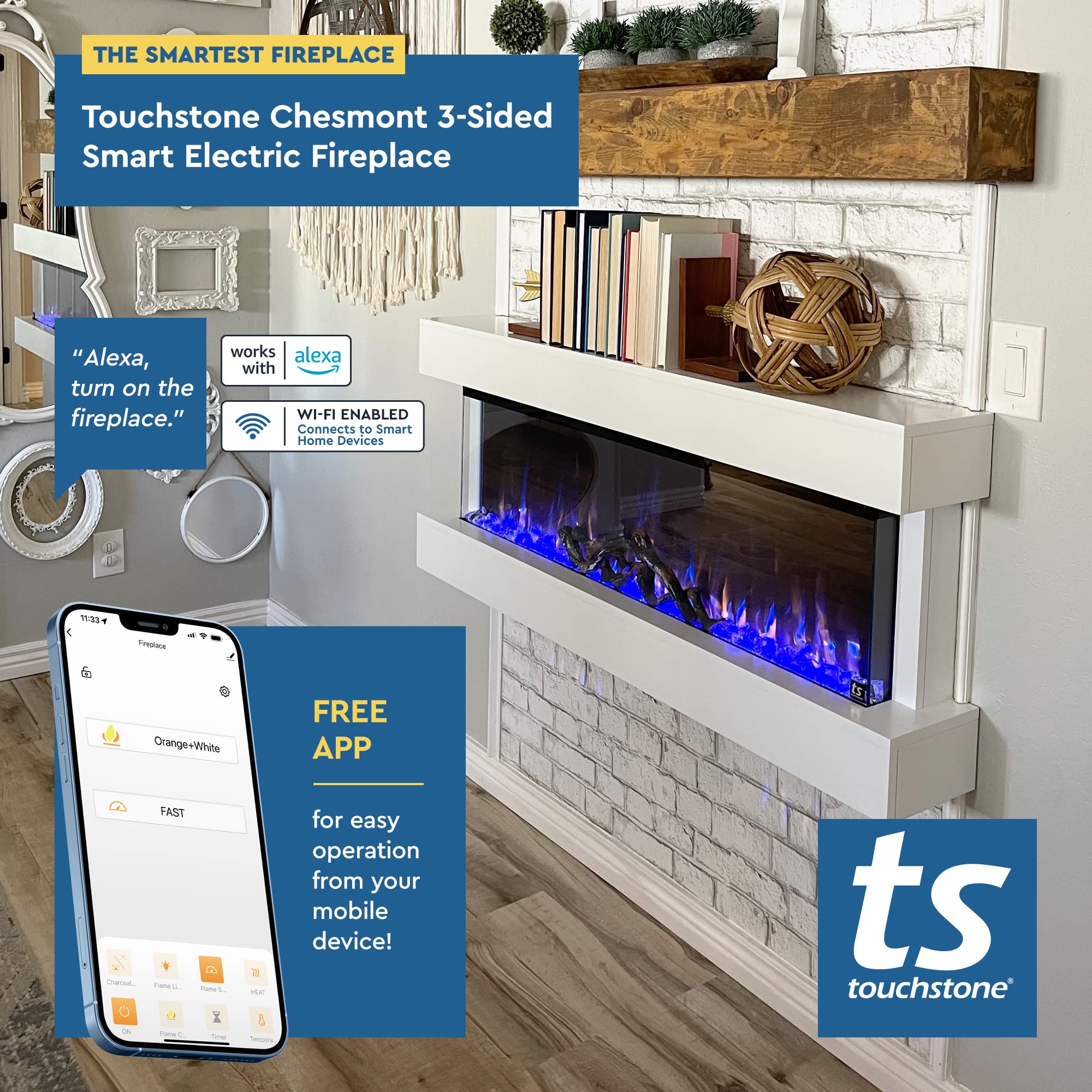 50" Smart Electric Fireplace with Black Floating Mantle