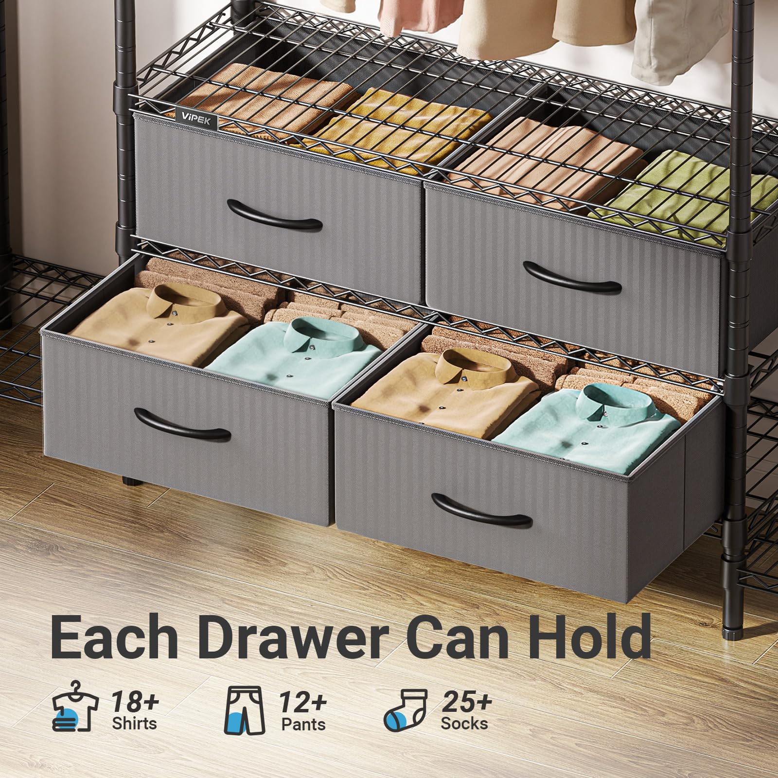 Wire Garment Rack with 6 Shelves, 3 Hang Rods & 4 Fabric Drawers