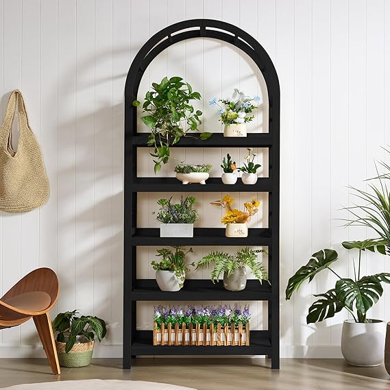 5-Tier Arched Bookshelf with Solid Wood Frame