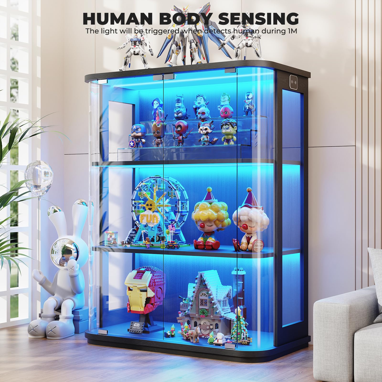 Rounded Display Cabinet with Glass Door - 3-Tier Curio Cabinet with LED Lights