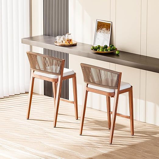 Outdoor Bar Stools Set of 2 with Rope Woven Backrest