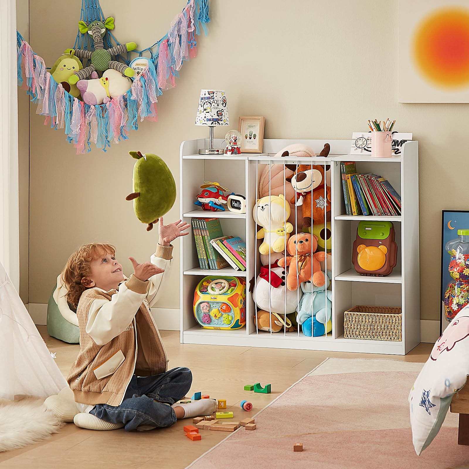 Toy Storage Organizer with Stuffed Animal Zoo Net and 8 Cubbies