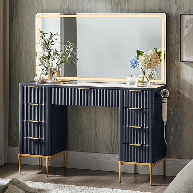48 Inch Fluted Makeup Vanity Desk with Mirror and HD Lights
