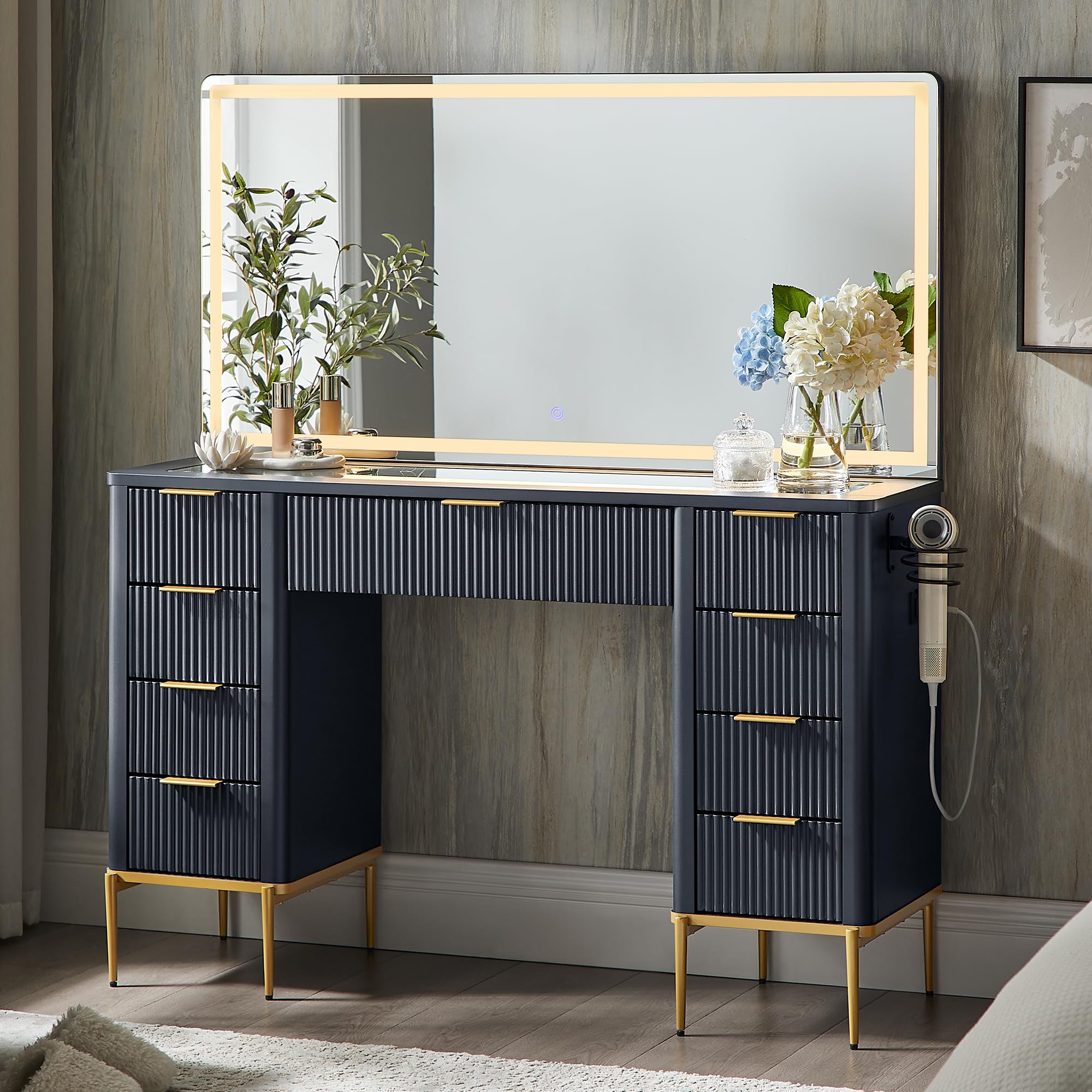 48" Fluted Makeup Vanity Desk with LED Mirror and Charging Station