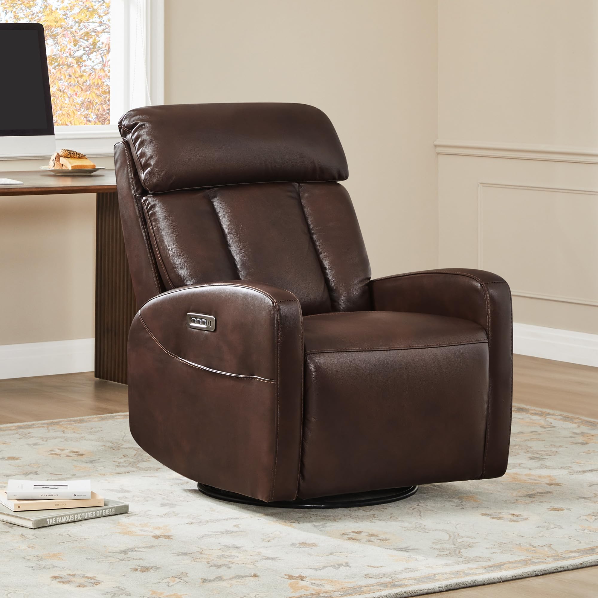 CHITA Leather Power Swivel Recliner Chair for Adults, Triple Motor Electric Rocker Recliner for Living Room with Adjustable Headrest and Lumbar Support, USB & Type-C Charging Ports, Cognac Brown