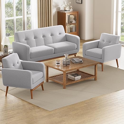 Button Tufted Living Room Set - 3 Piece Upholstered Sofa Collection