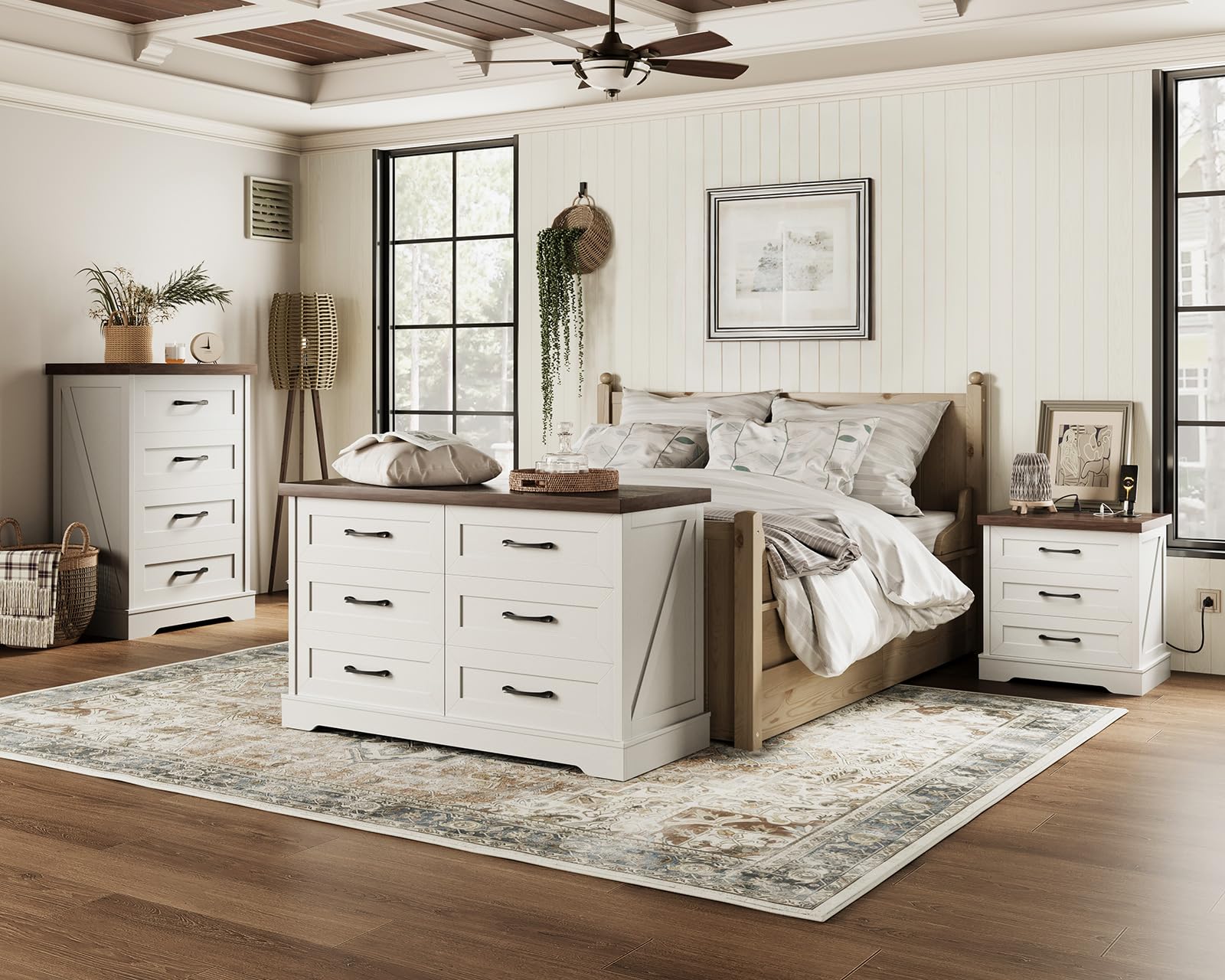 Farmhouse Nightstand with Charging Station and 3 Drawers