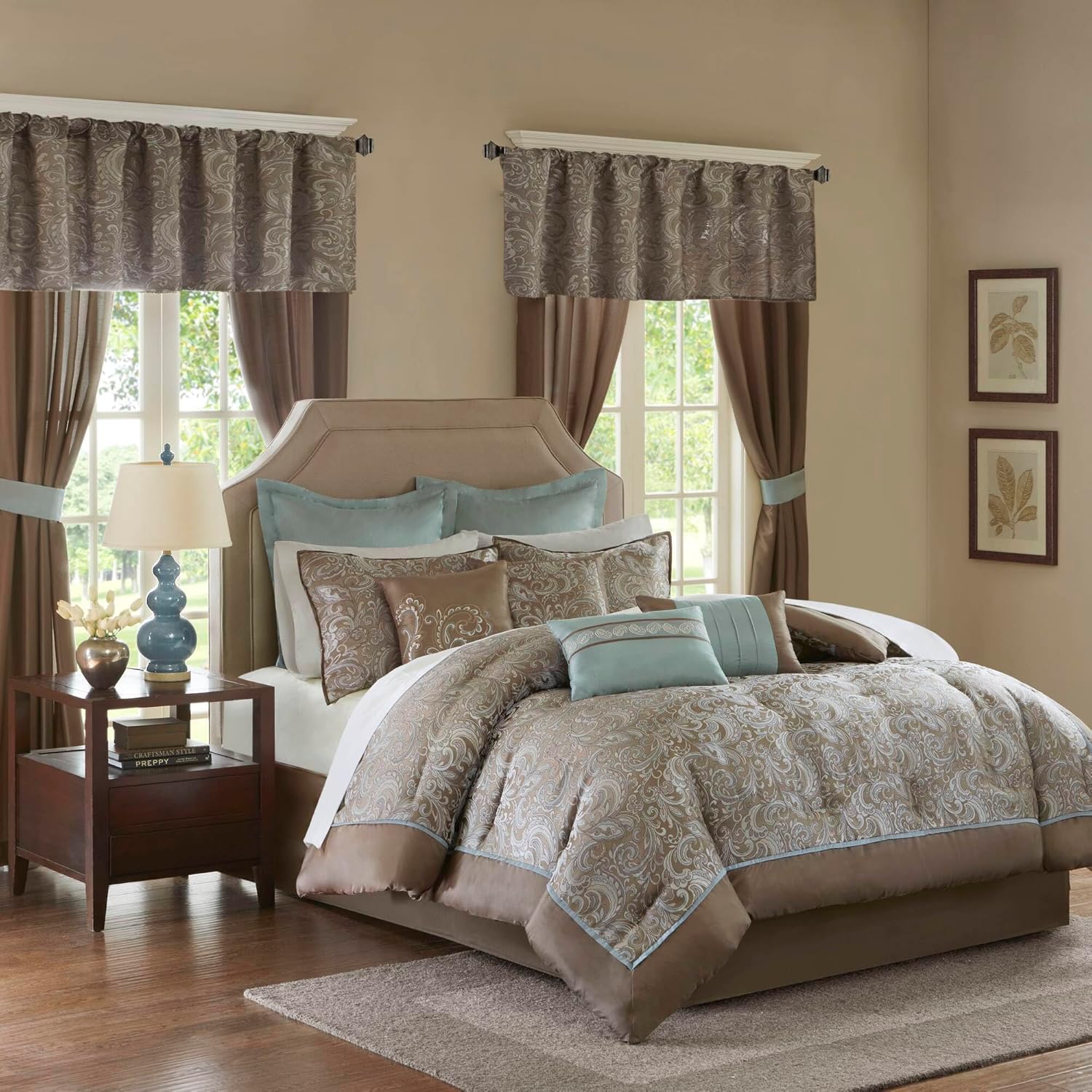 Faux Silk Jacquard Paisley Comforter Set Queen 24 Piece