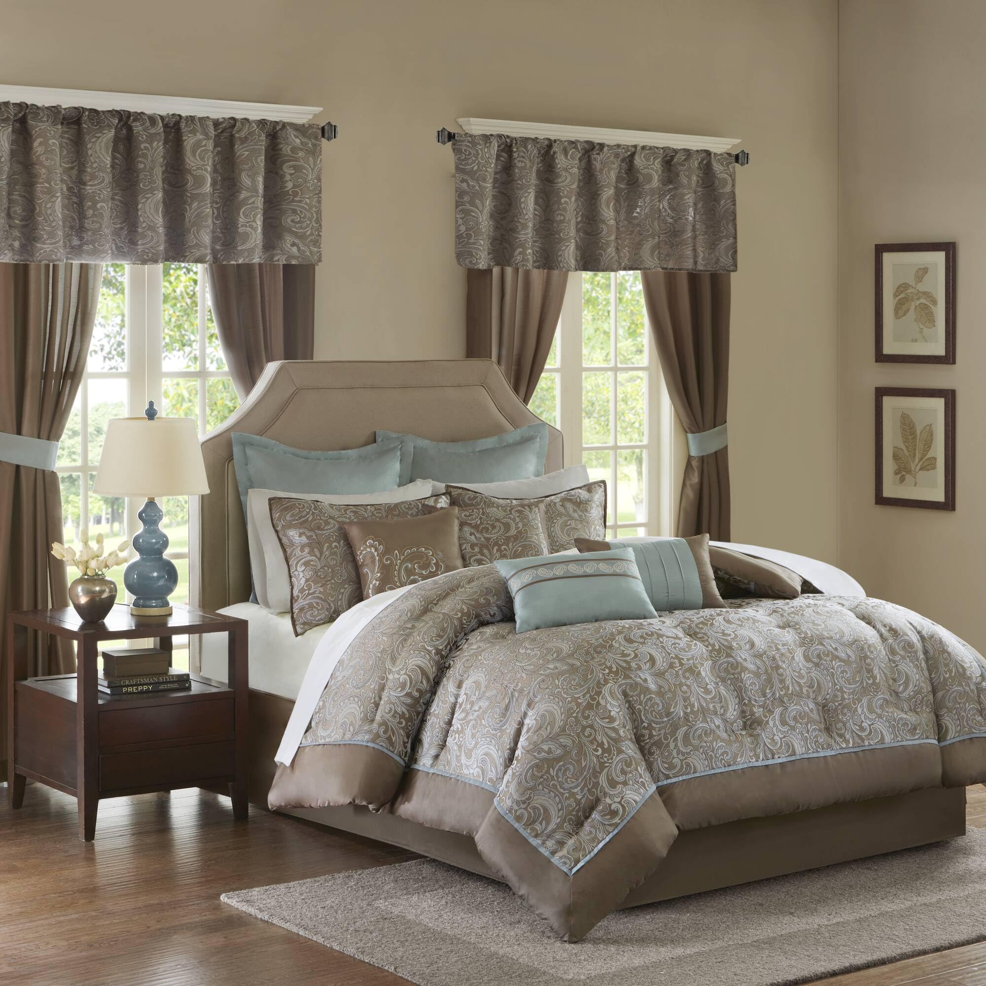 Faux Silk Jacquard Paisley Comforter Set Queen 24 Piece