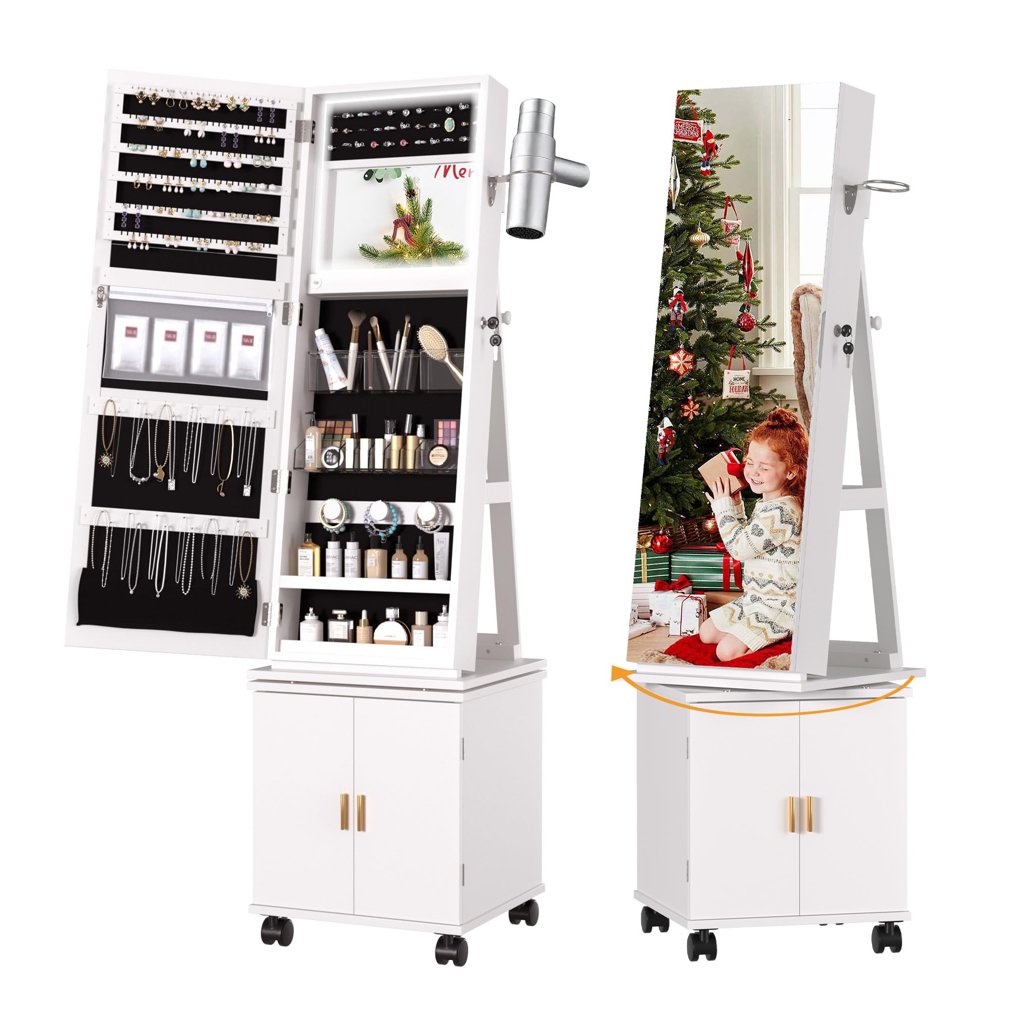 Jewelry Cabinet Standing Full Length Mirror with LED Lights