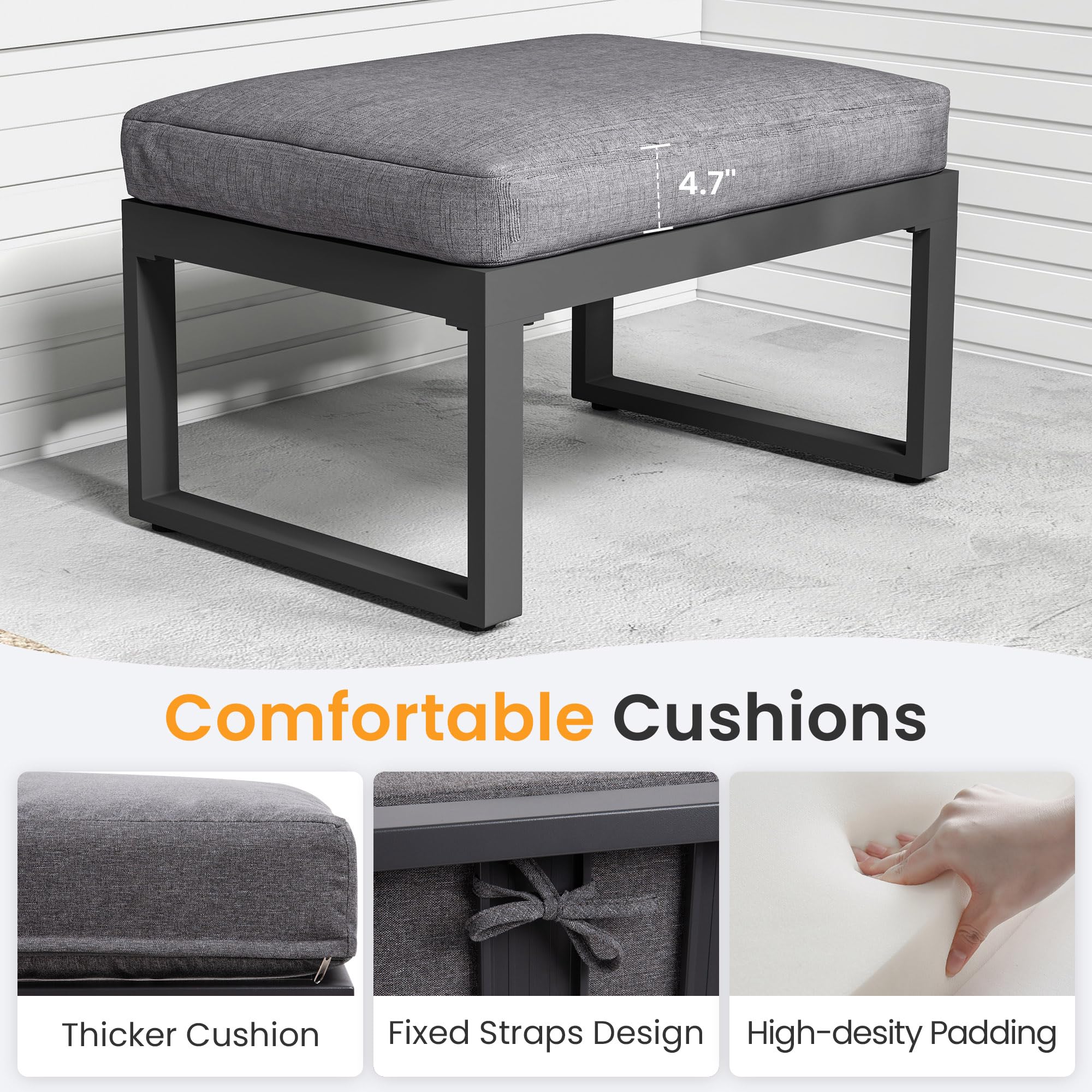 2-Piece Aluminum Outdoor Patio Ottoman Set with Thick Cushions