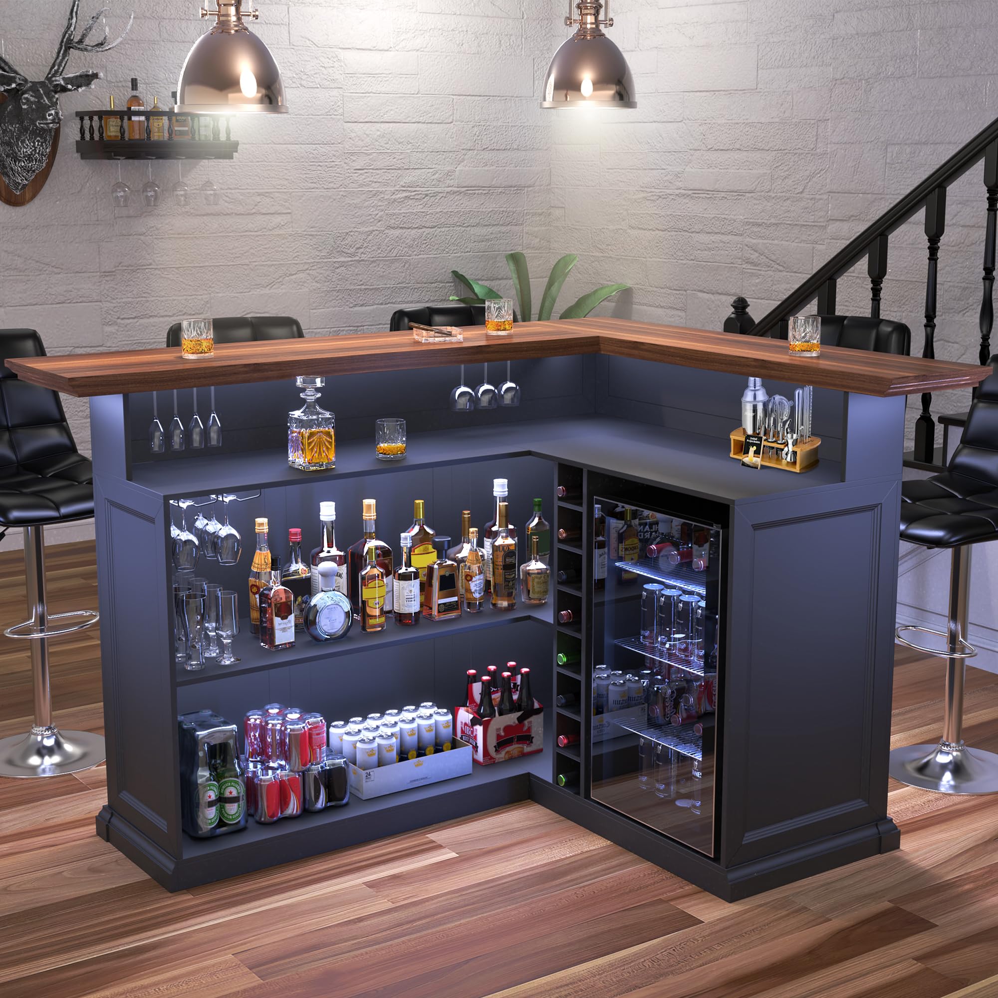 L-Shaped Home Bar Cabinet with Fridge Space