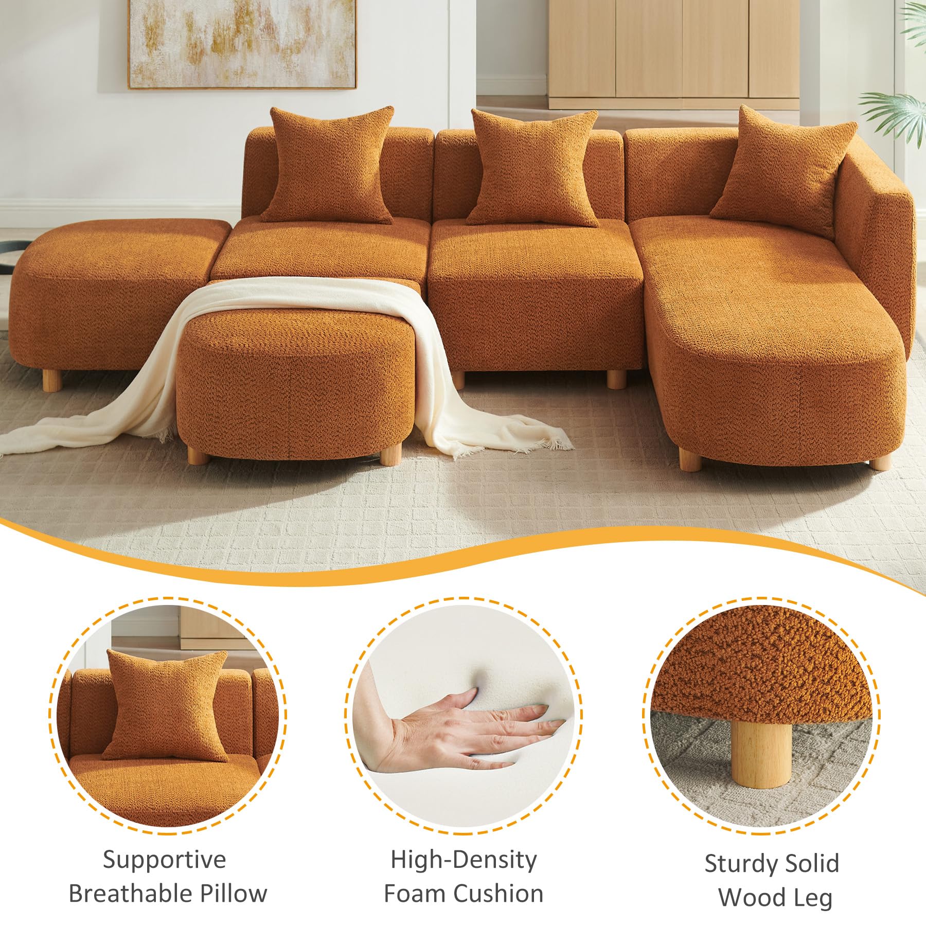 109.84" Modular Sectional Sofa with Ottoman - 5 Seater Boucle Cloud Couch