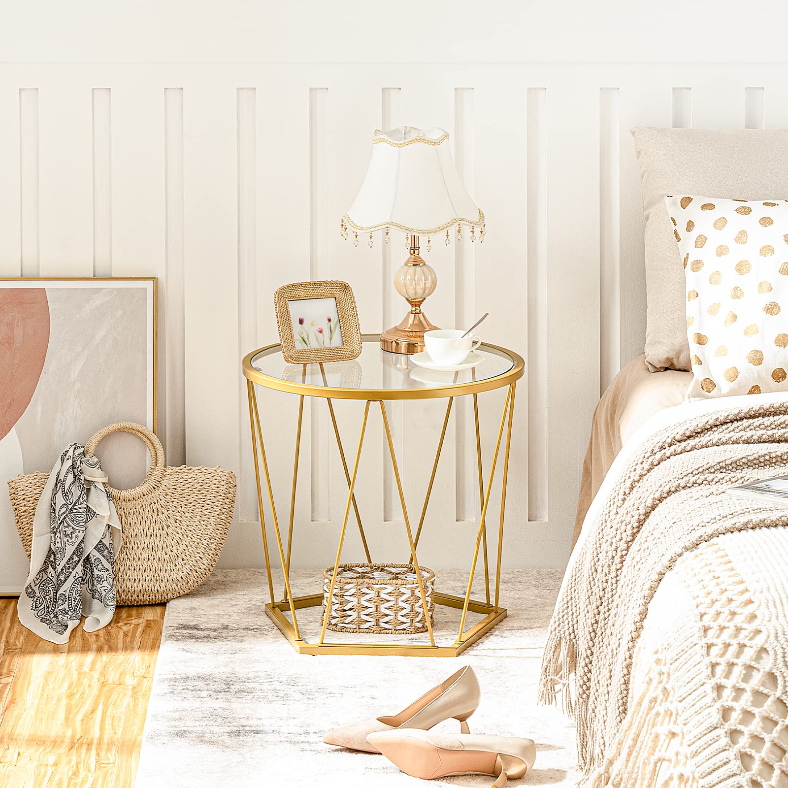 Round Coffee Table Set of 2 with Glass Top and Metal Frame