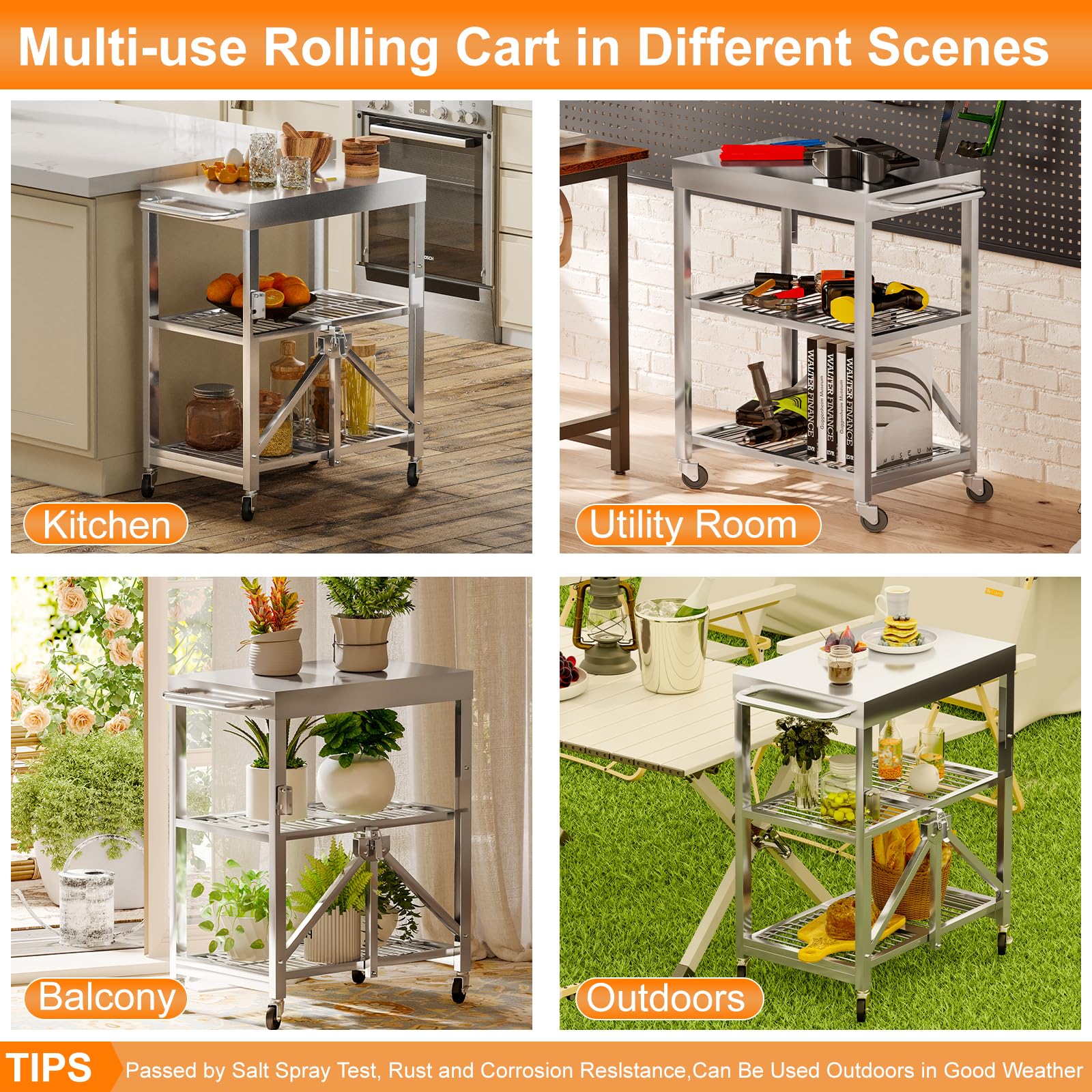 Stainless Steel Foldable Rolling Kitchen Cart with 3-Tier Shelves