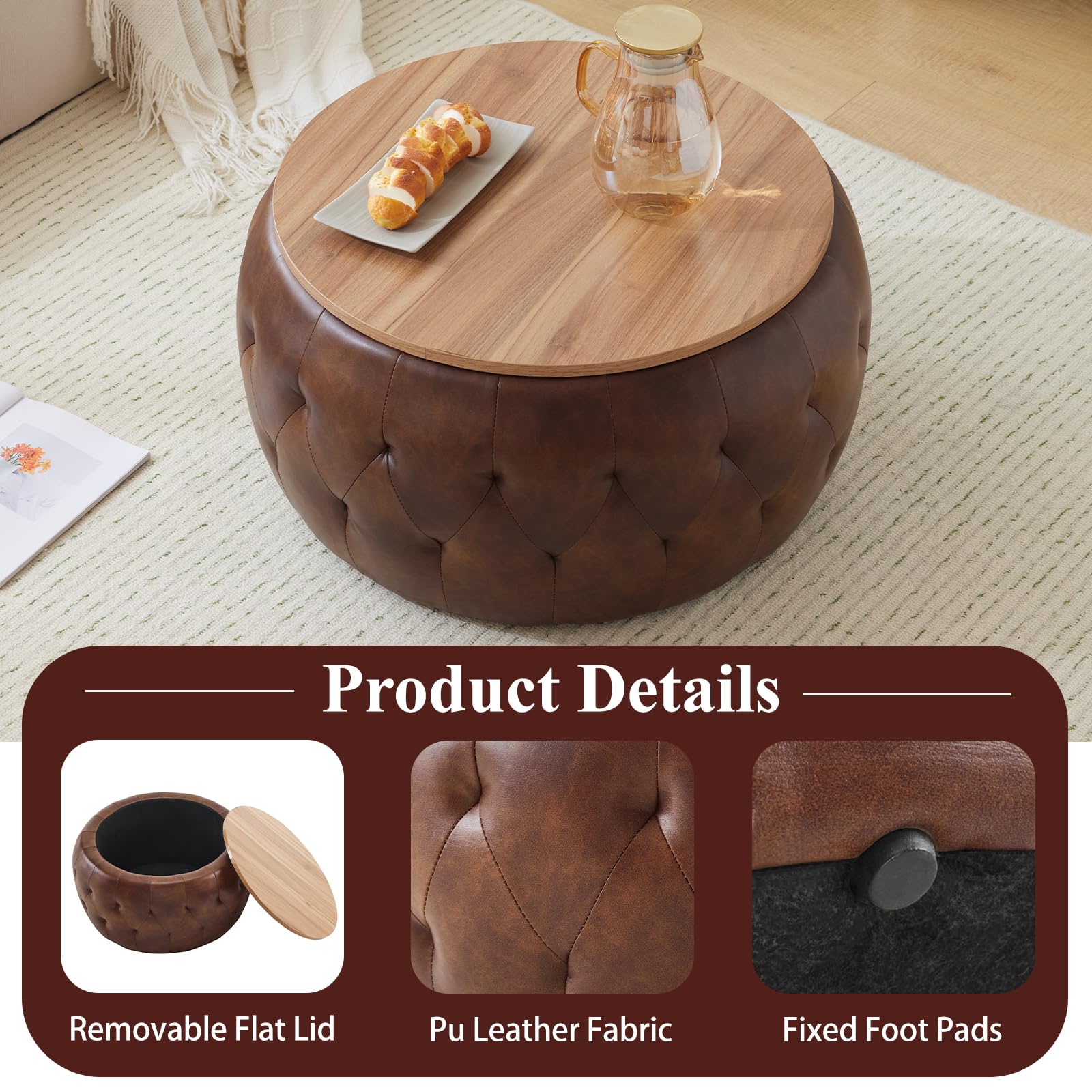 Round Storage Ottoman Coffee Table with Wooden Tabletop