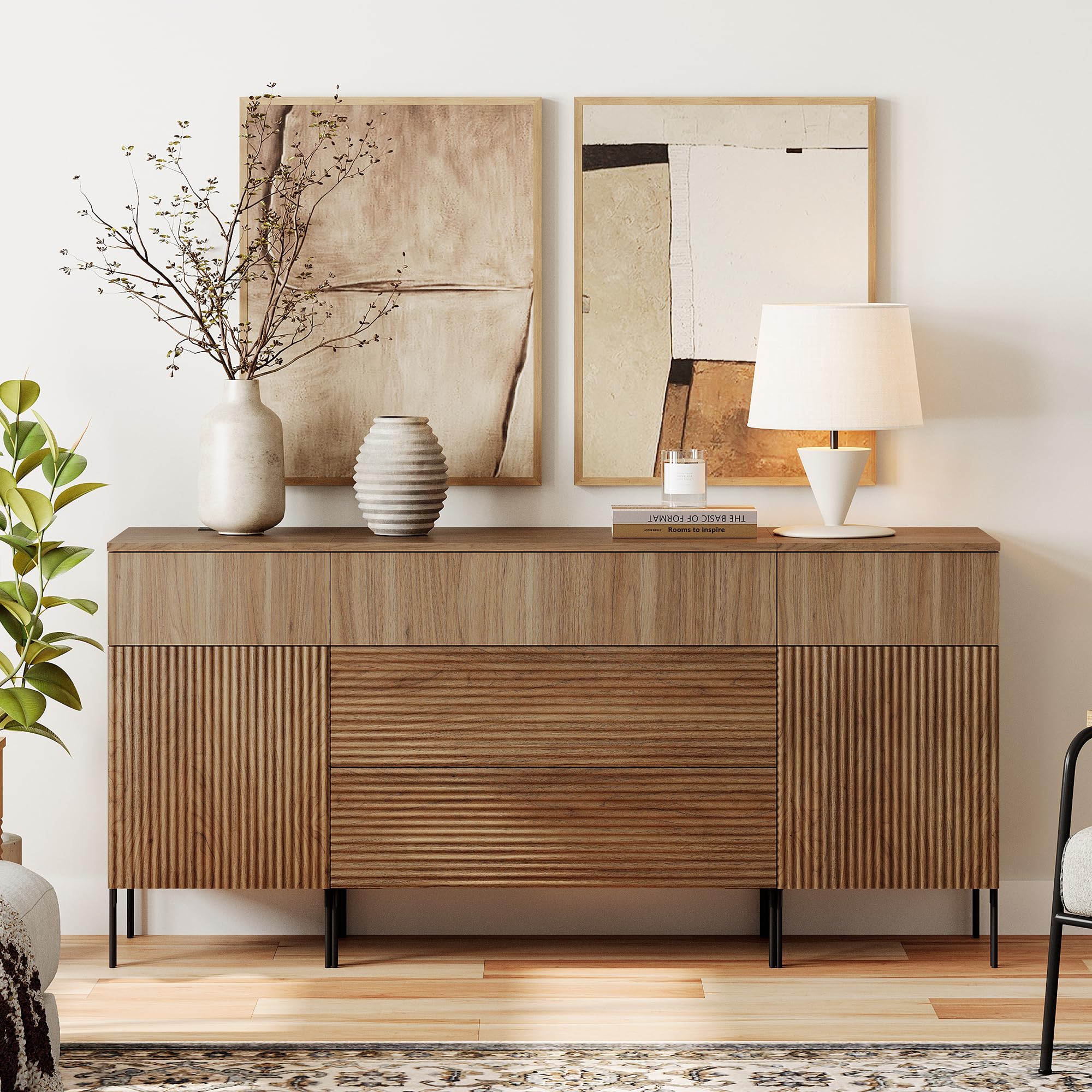 63" Fluted Sideboard Buffet Cabinet with Charging Station