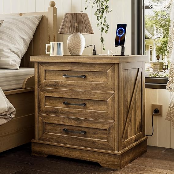 Farmhouse Nightstand with Charging Station and 3 Drawers