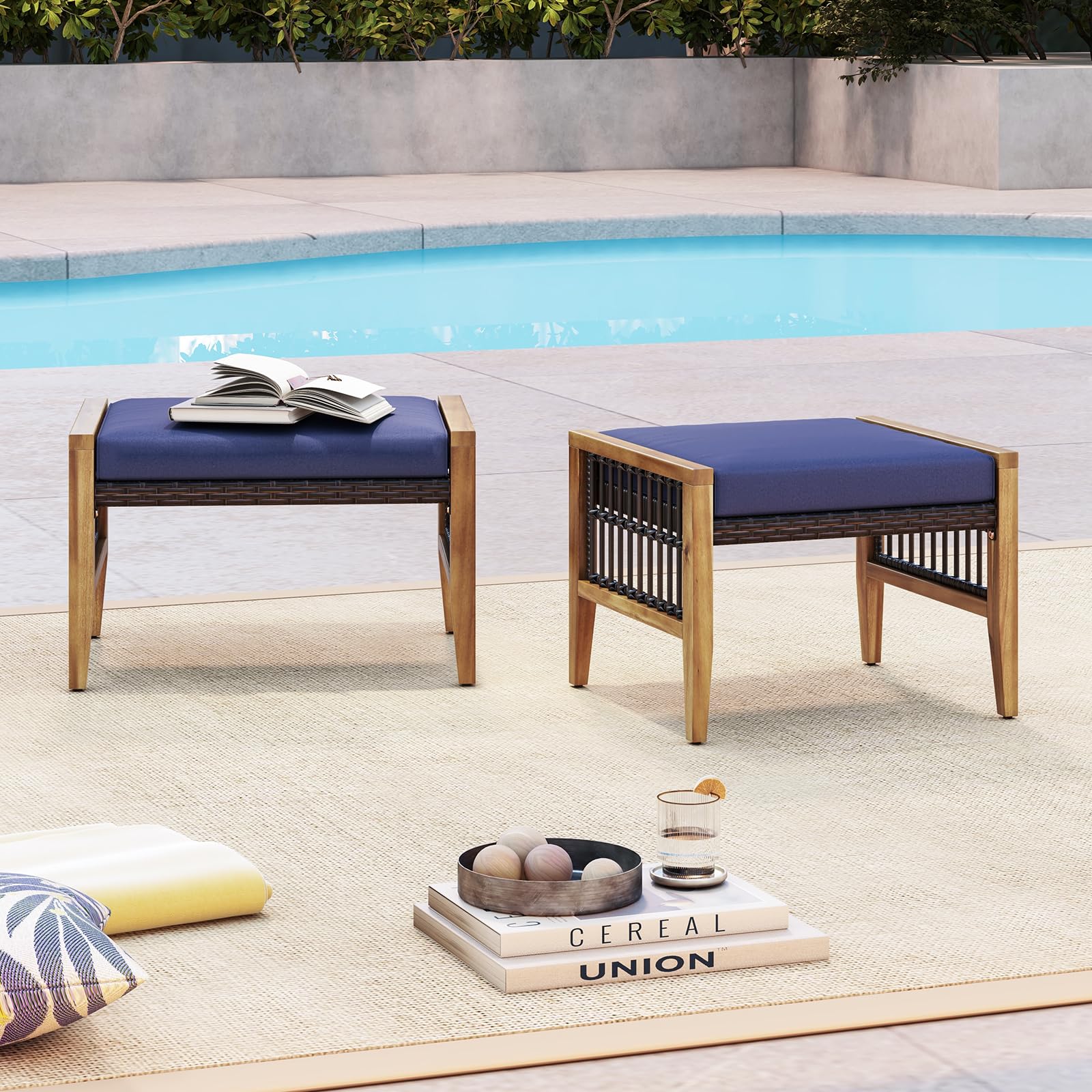 2-Piece Outdoor Patio Ottomans with Removable Cushions