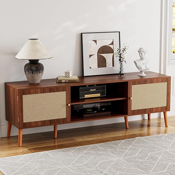 TV Stand for TVs up to 65 with Rattan Door and Storage