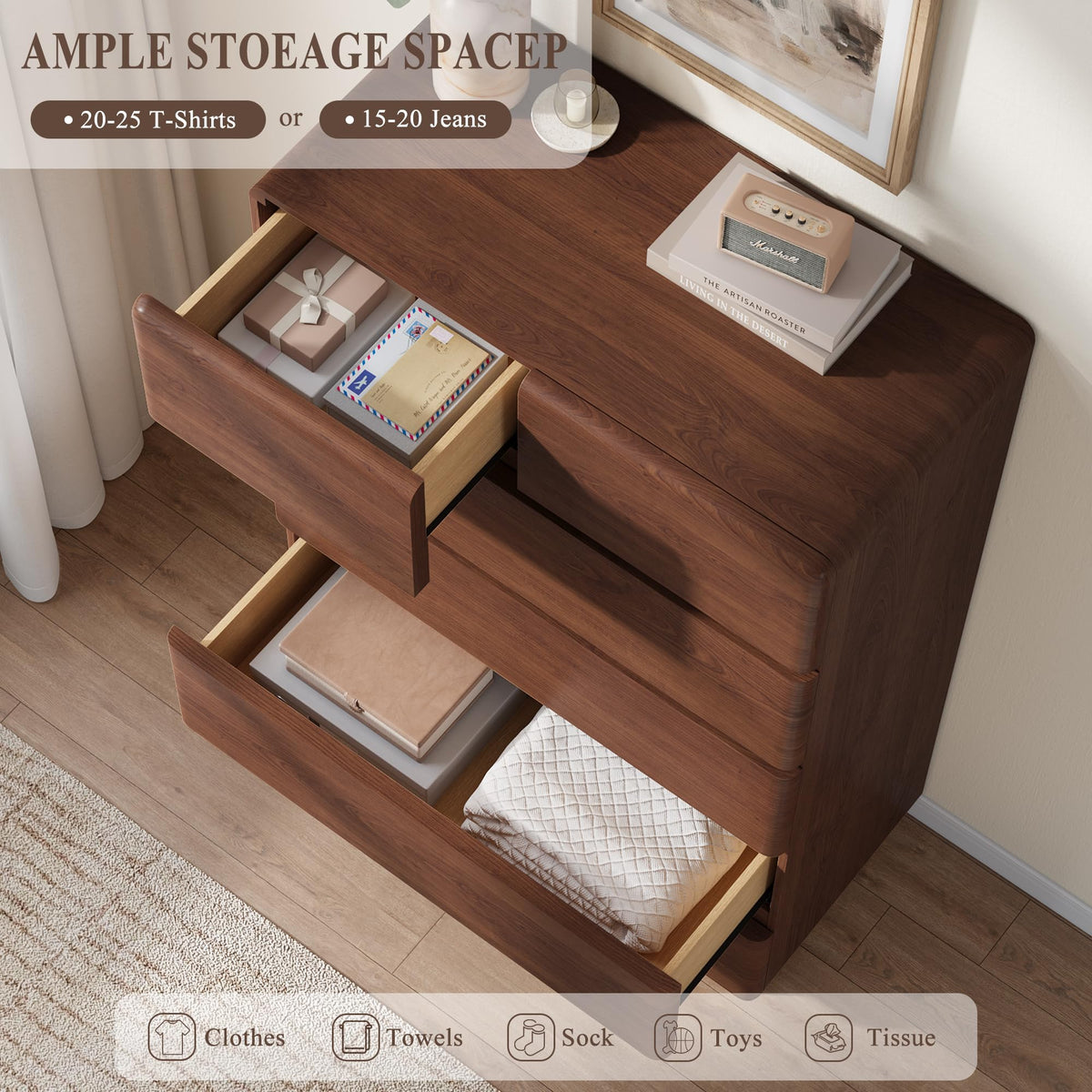 6-Drawer Tall Dresser with Rounded Design – Walnut Chest of Drawers for Bedroom