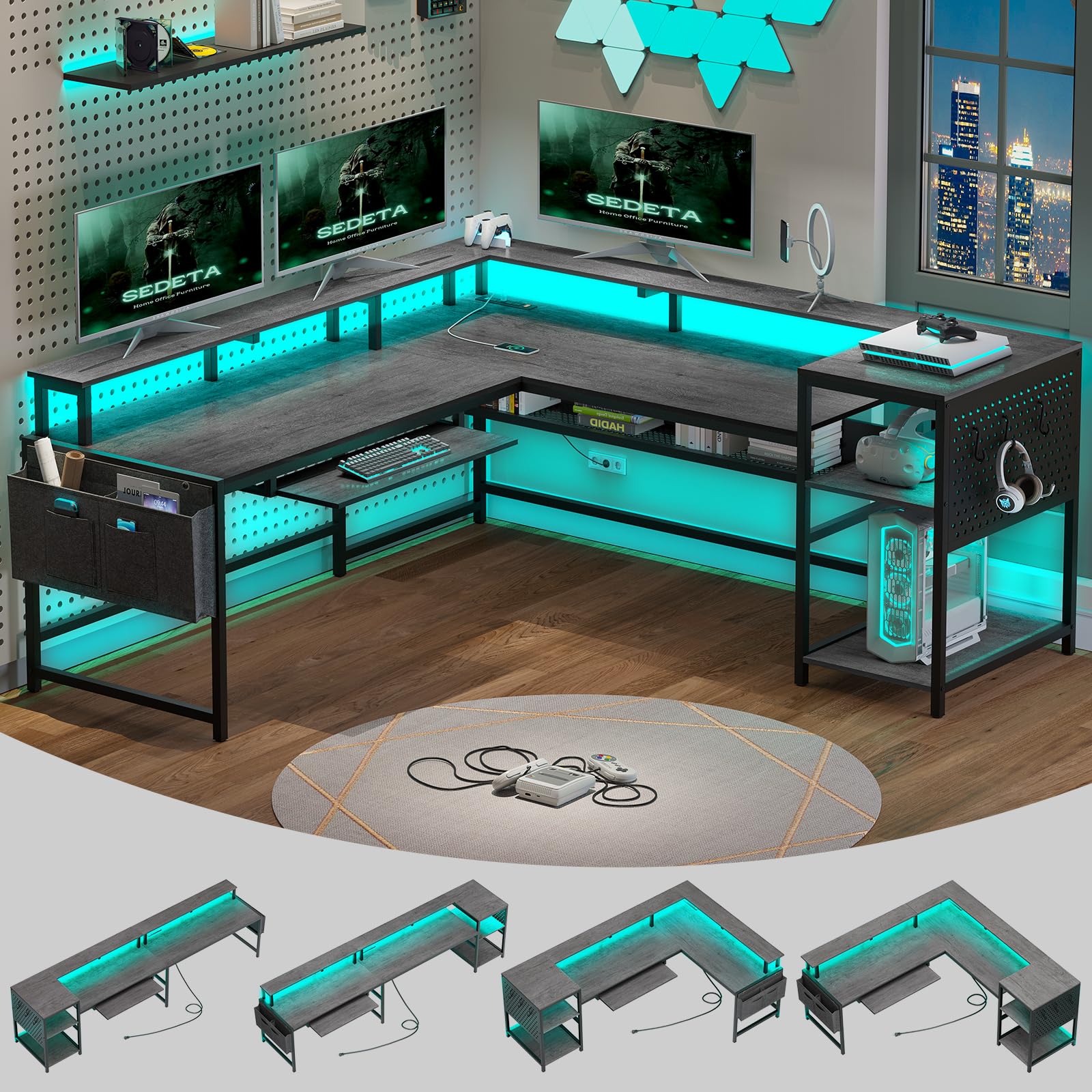 L-Shaped Gaming Desk with Power Outlets and LED Strip