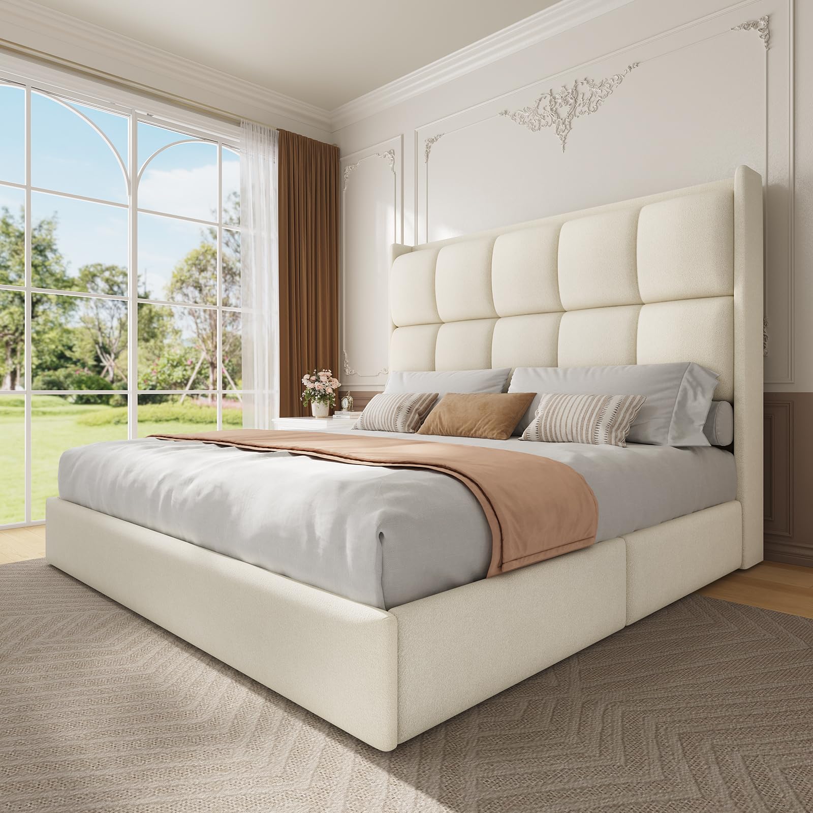 King Size Upholstered Platform Bed Frame with Tall Wingback Headboard