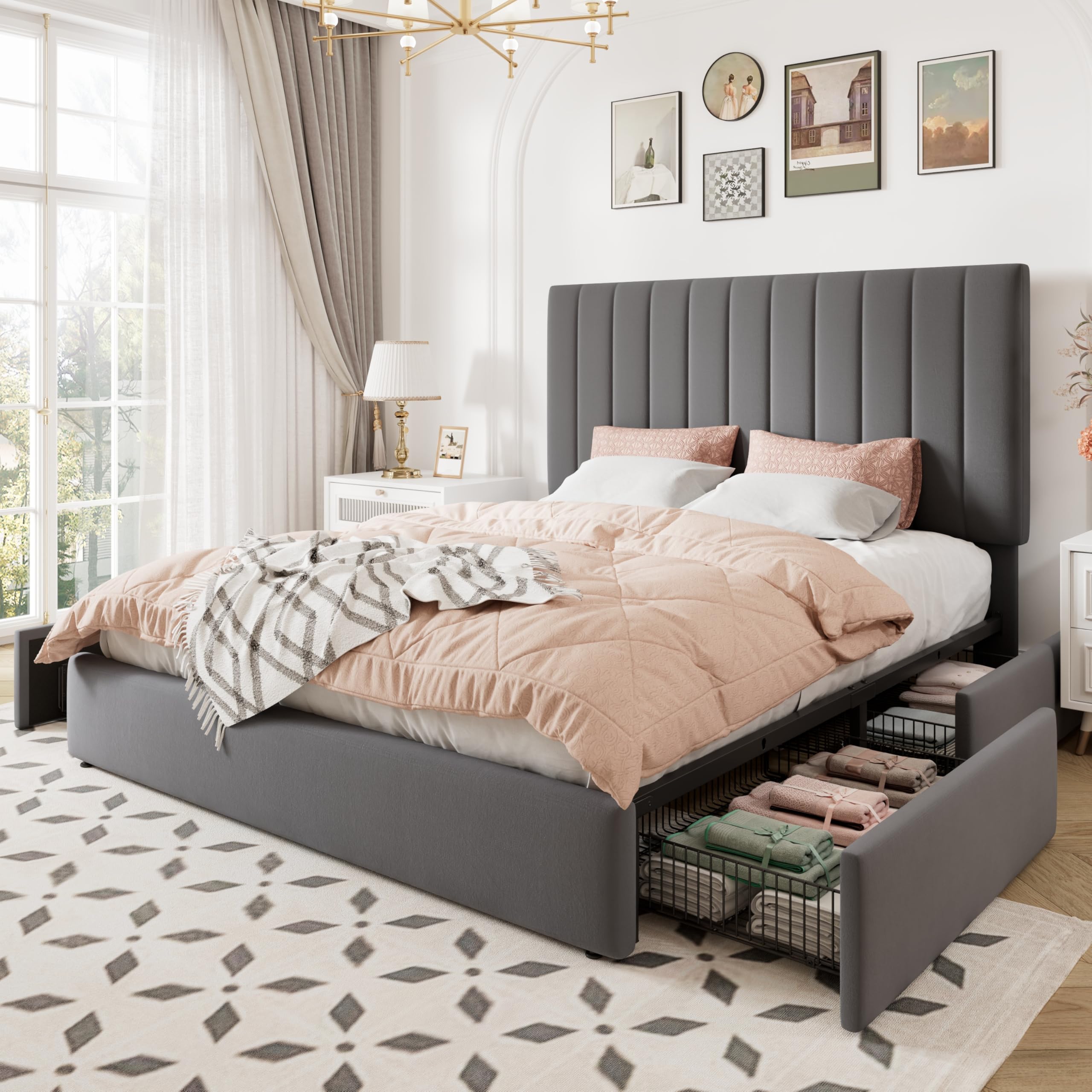 Queen Size Storage Bed Frame with Adjustable Tufted Headboard