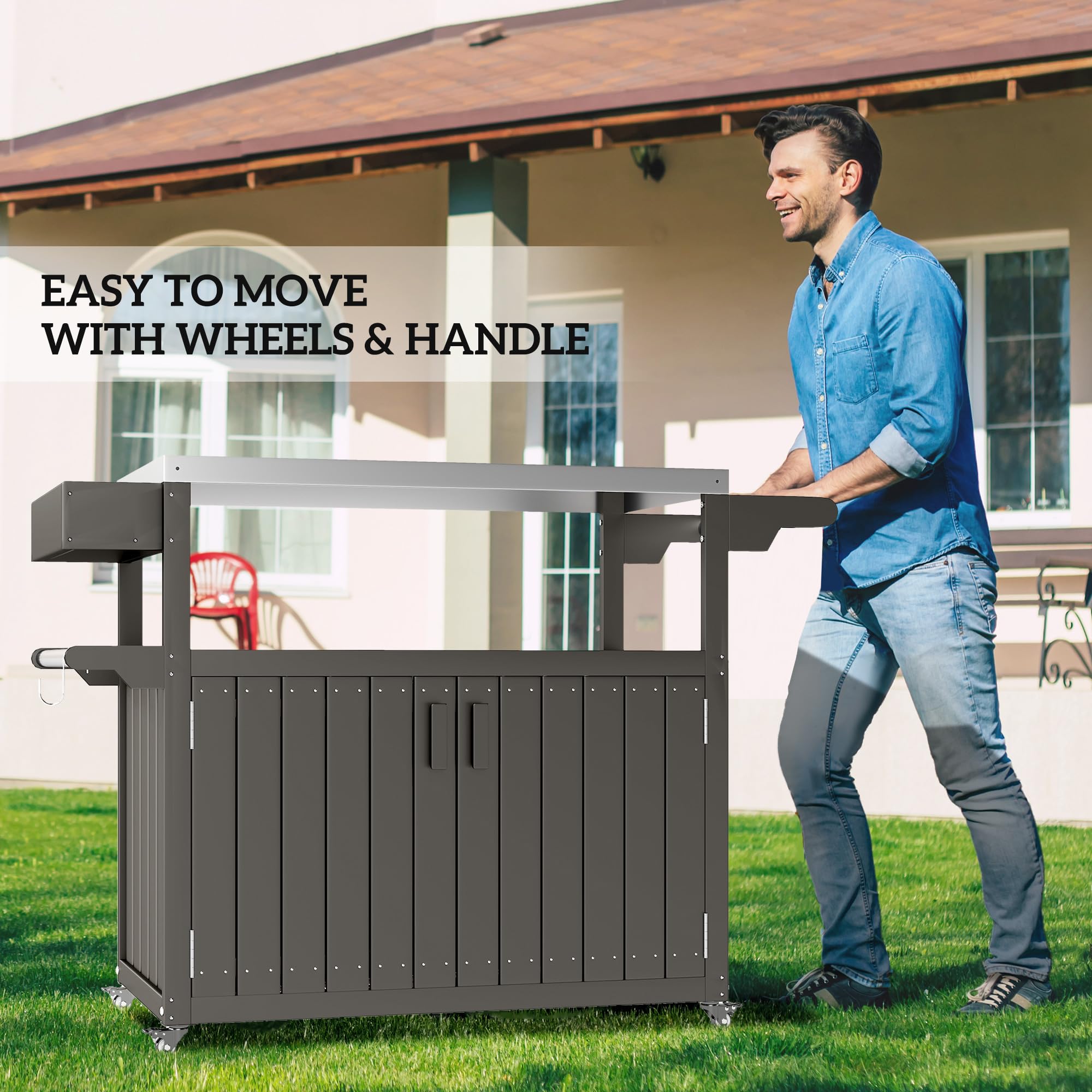 Outdoor Bar Cart with Storage Cabinet and Stainless Steel Top