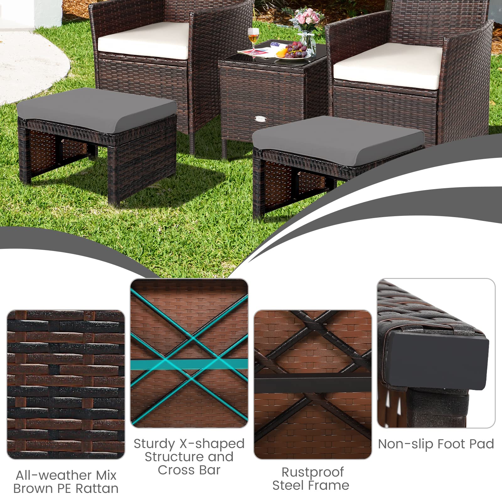 2-Piece Wicker Outdoor Ottoman Set with Removable Cushions