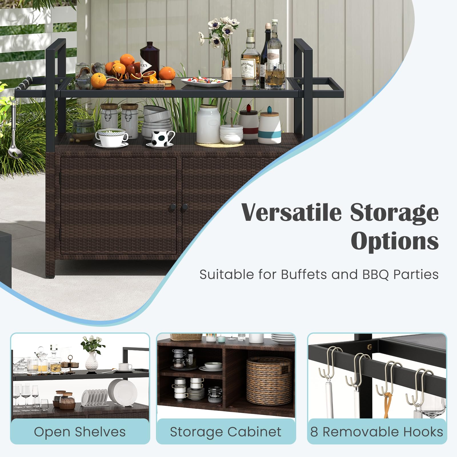 Outdoor Rolling Bar Cart with Tempered Glass Top