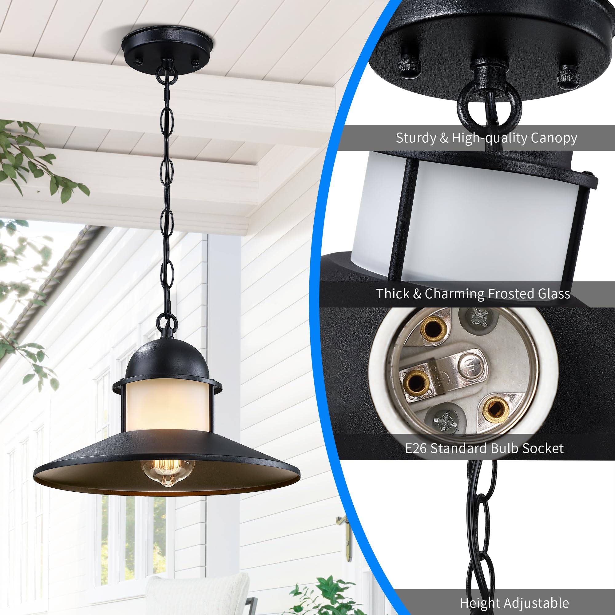 Outdoor Pendant Light 2 Pack Matte Black with Frosted Glass