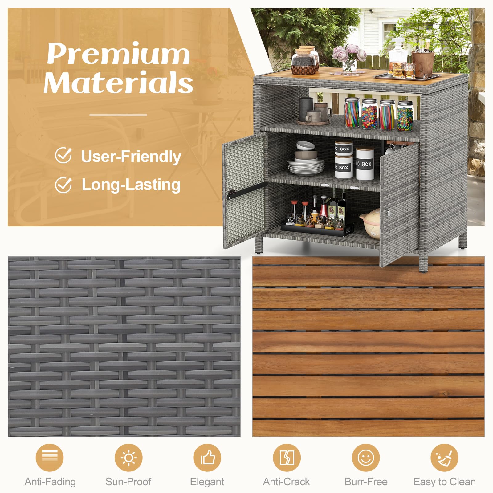 Wicker Outdoor Bar Cabinet with Acacia Wood Countertop